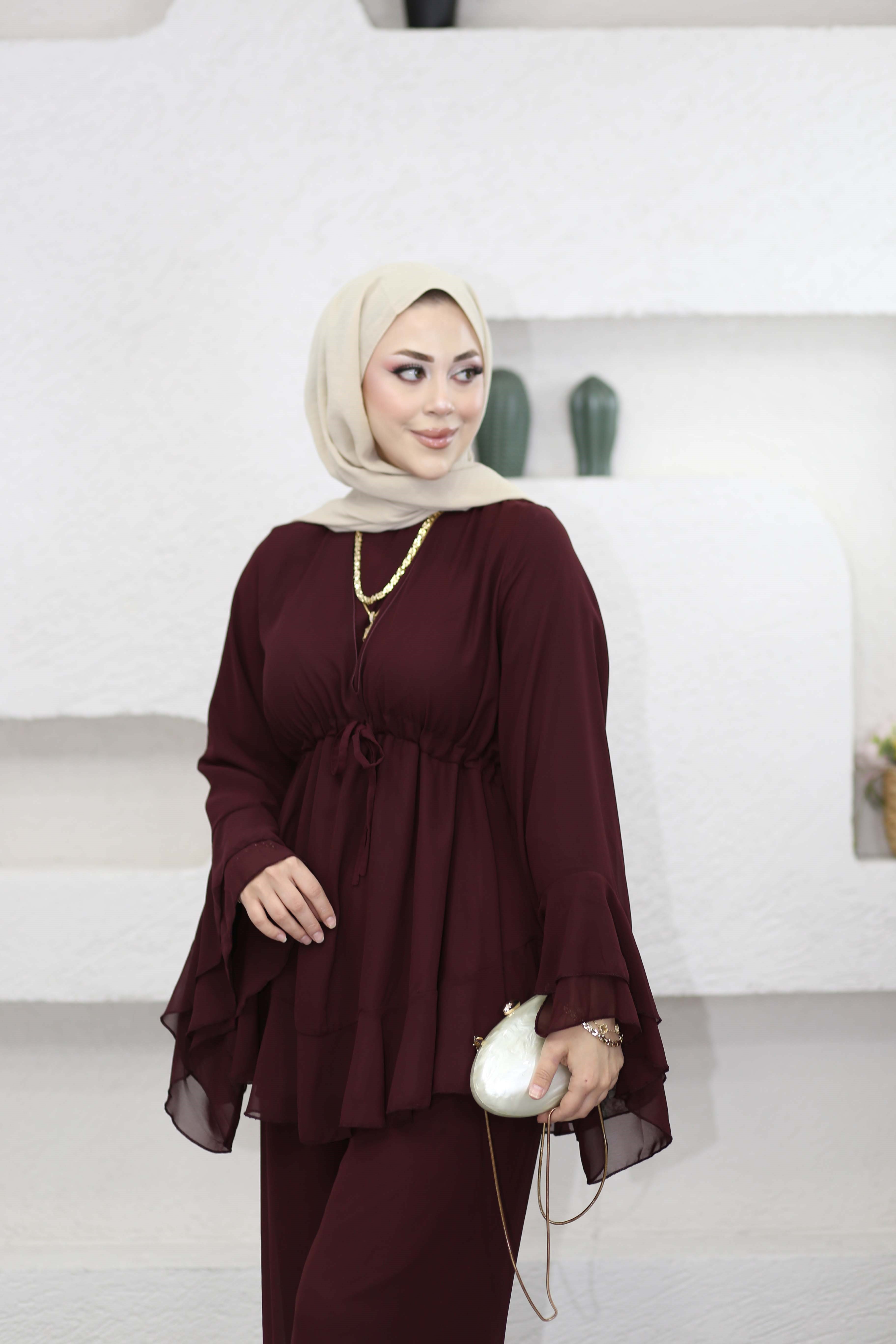 Bel Tünelli Şifon Takım Bordo 8418