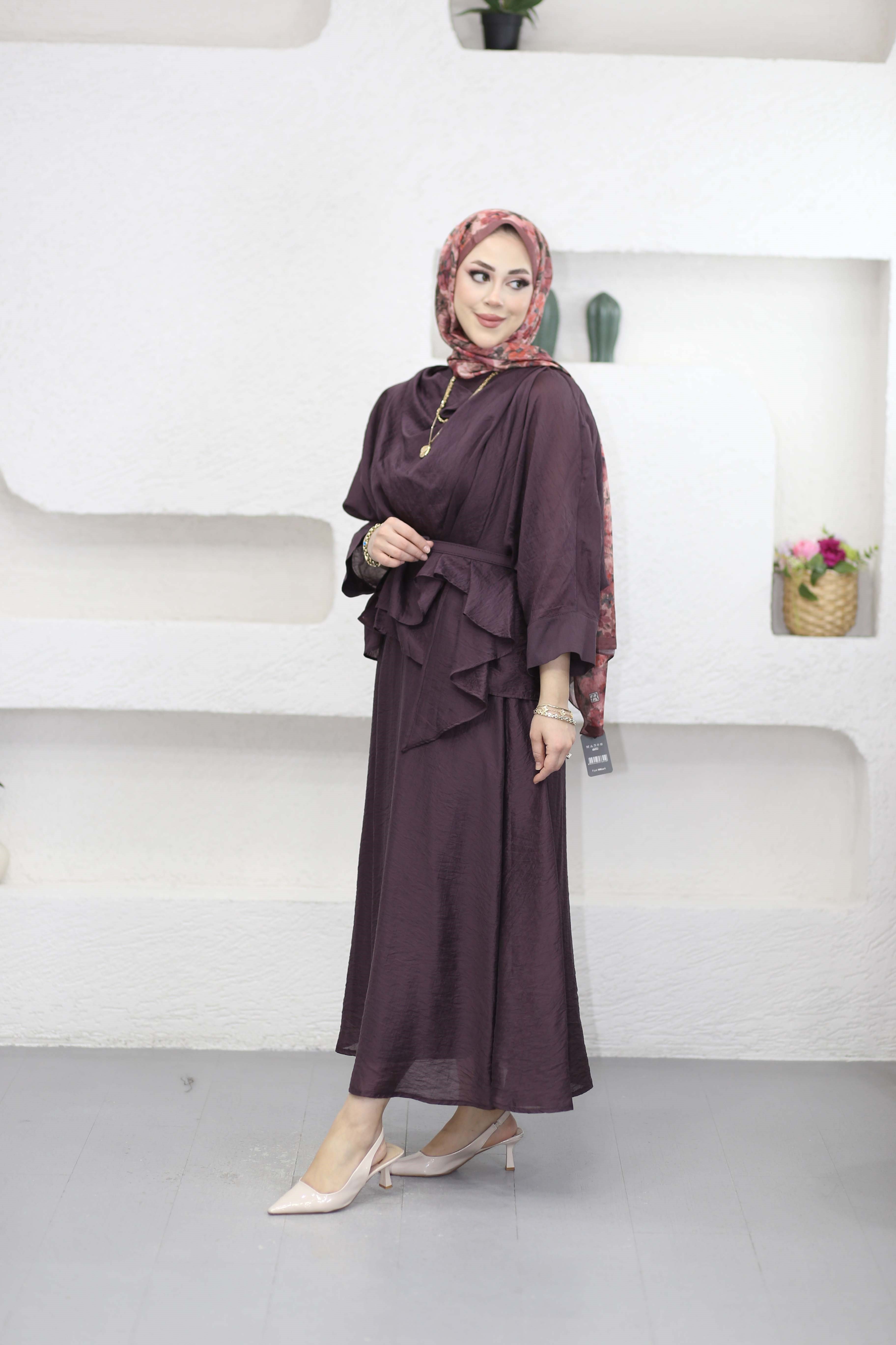 Pelerinli Etek Takım Bordo 3031