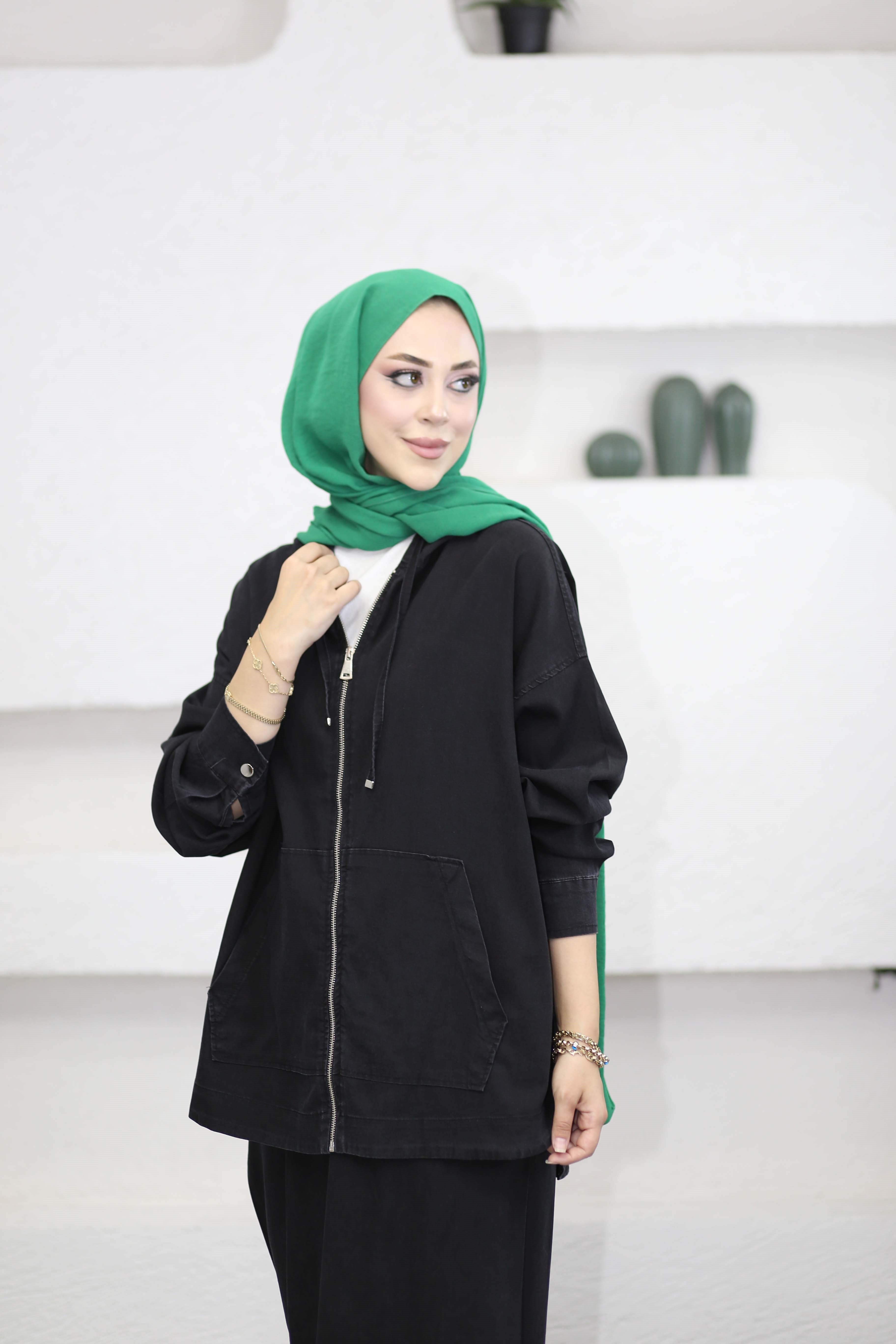 Kanguru Cep Fermuarlı Tencel Takım Siyah 5398