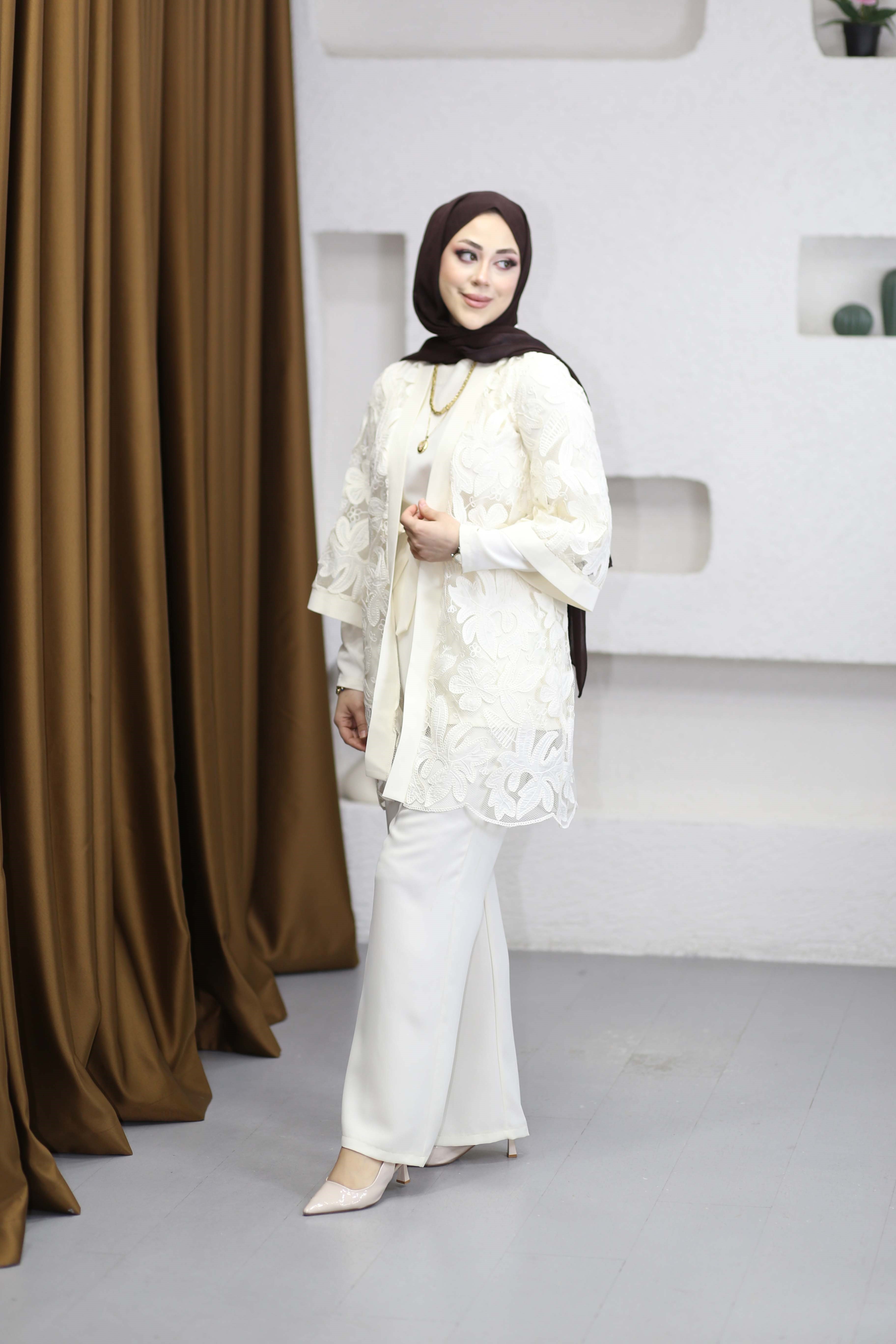 Krep Kimono Takım Krem 7357