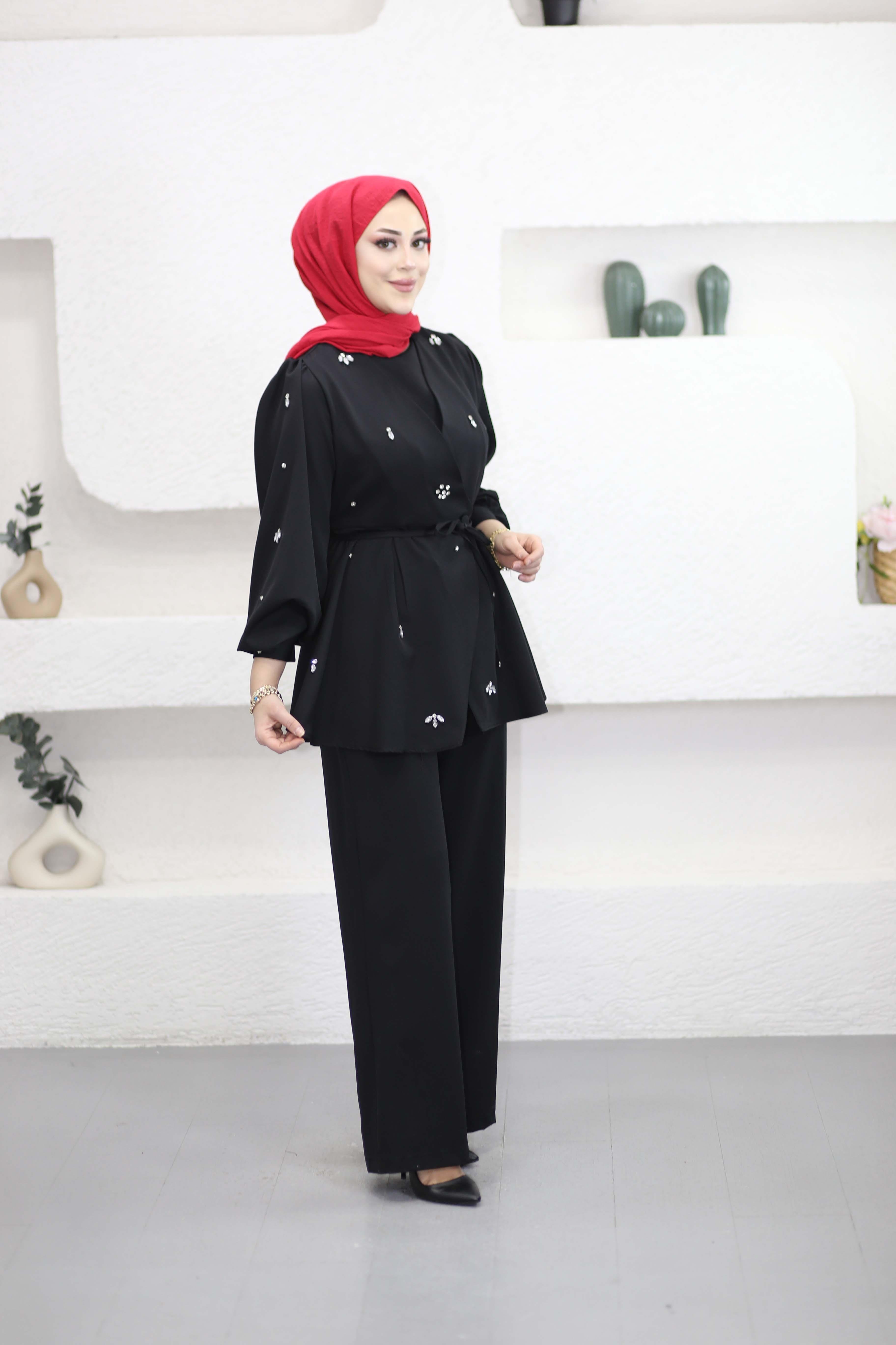 Kruvaze Taşlı Double Takım Siyah 8160