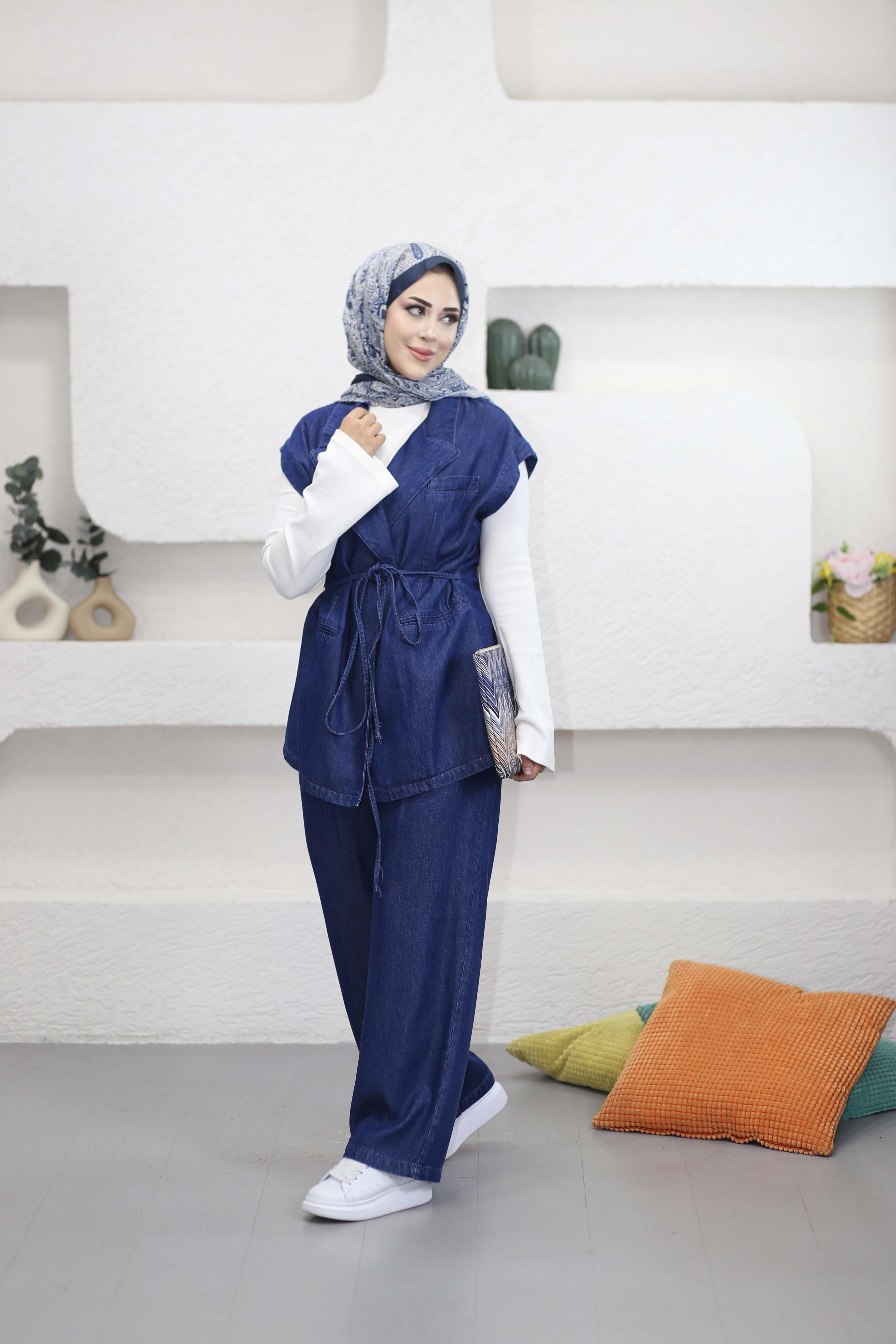 Bağlamalı Denim Yelek Takım Koyu Mavi 7422