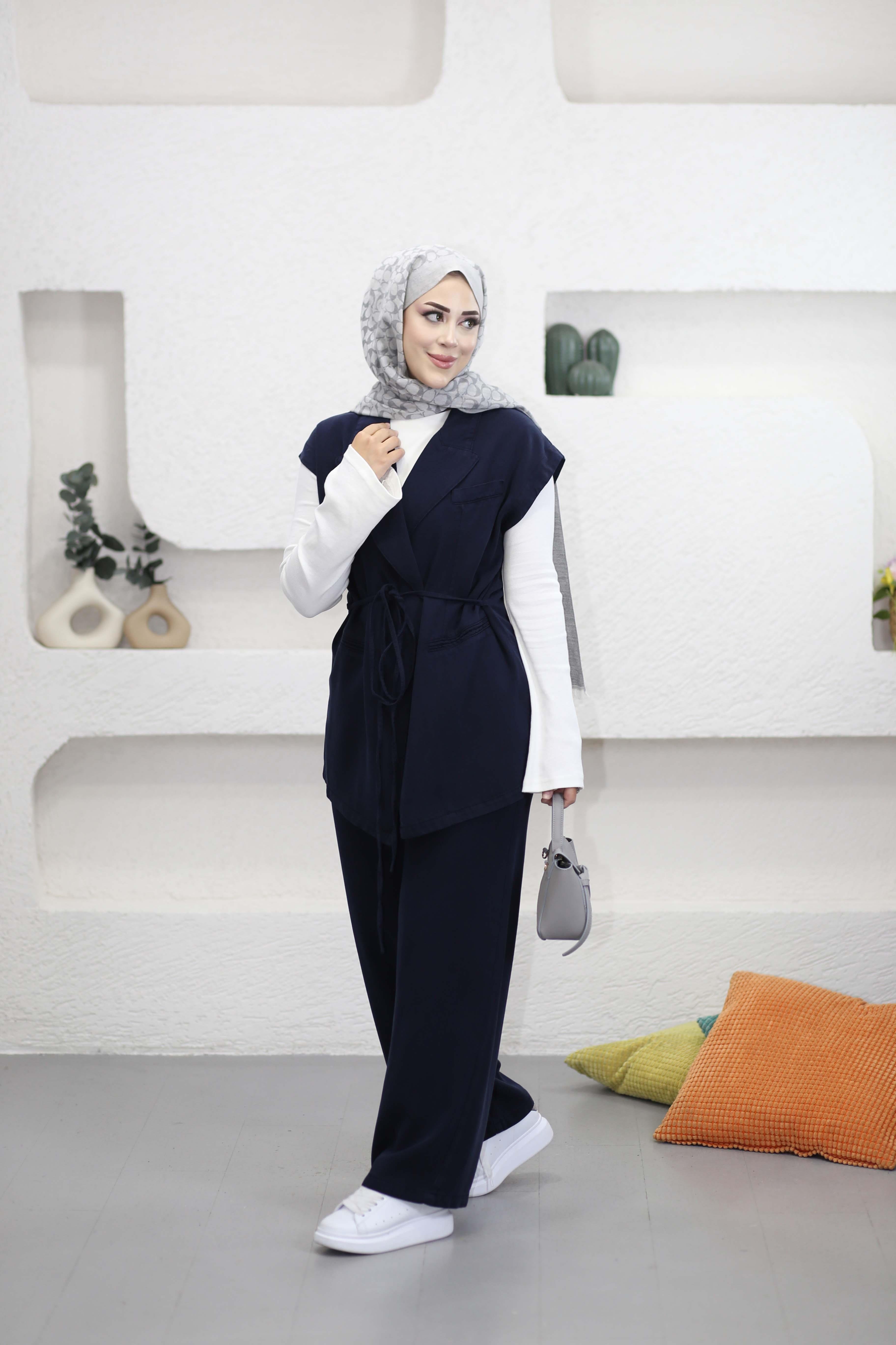 Bağlamalı Denim Yelek Takım Lacivert 7422