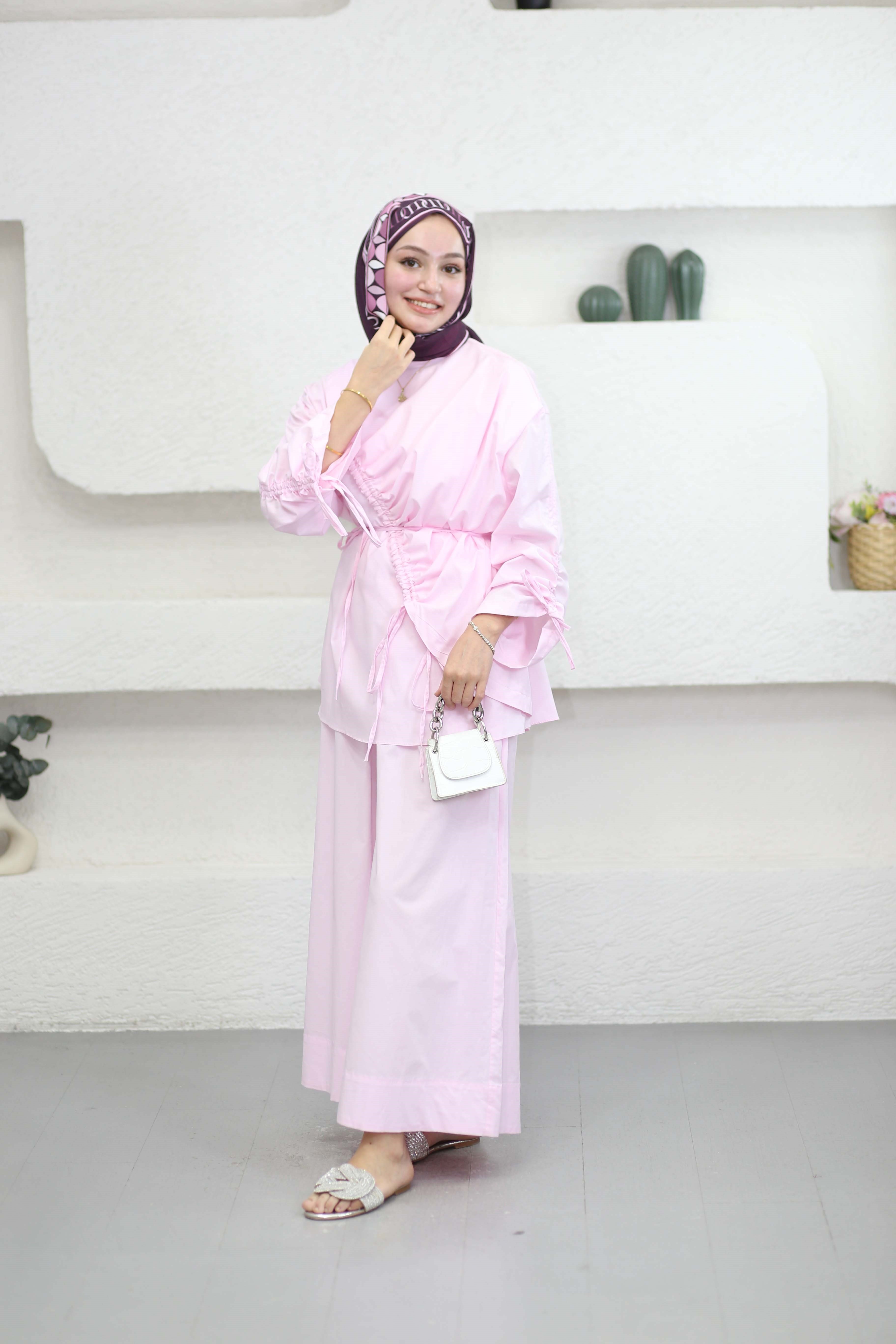 Biye Detaylı Poplin Takım Pembe 8859