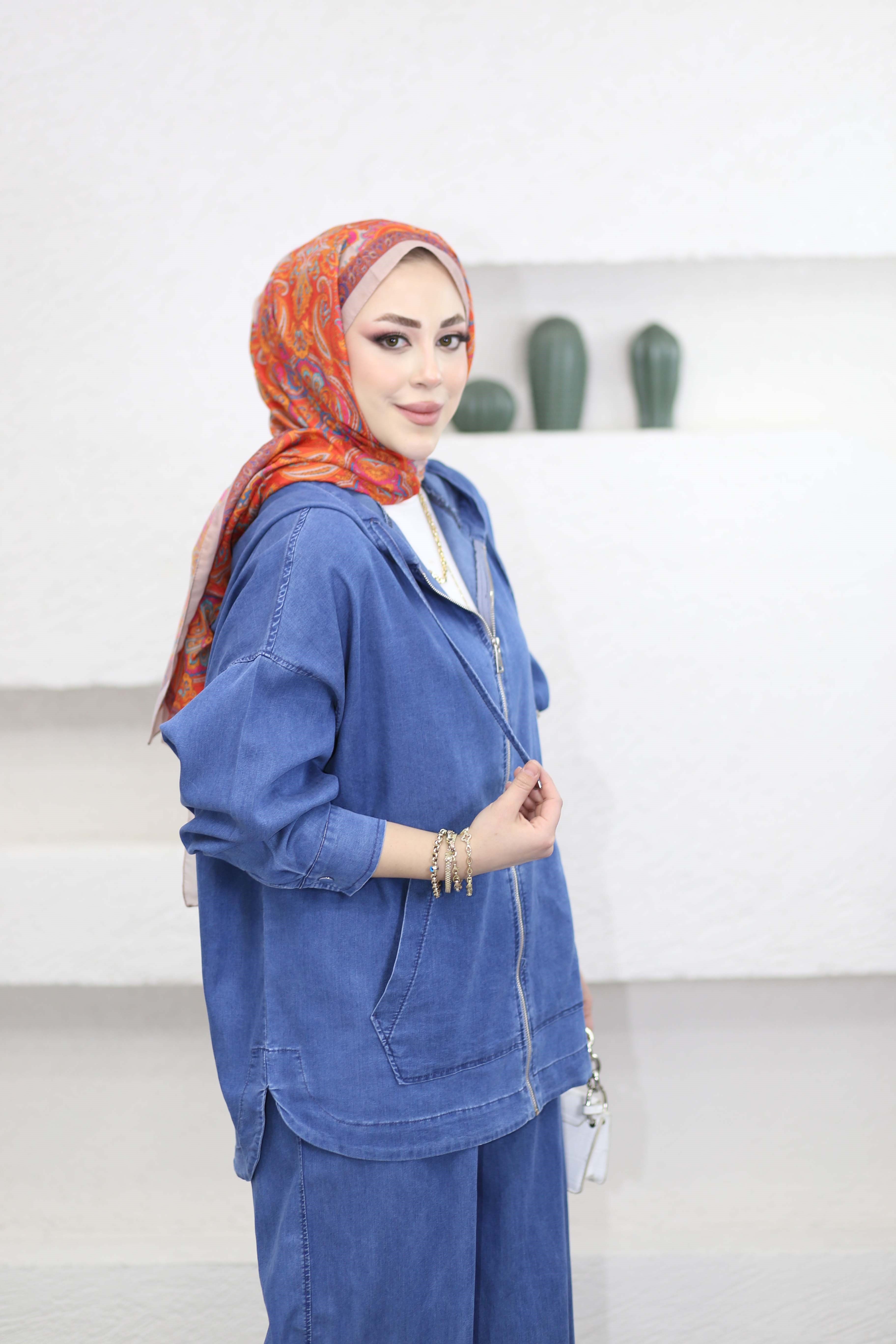 Kanguru Cep Fermuarlı Tencel Takım Açık Mavi 5398