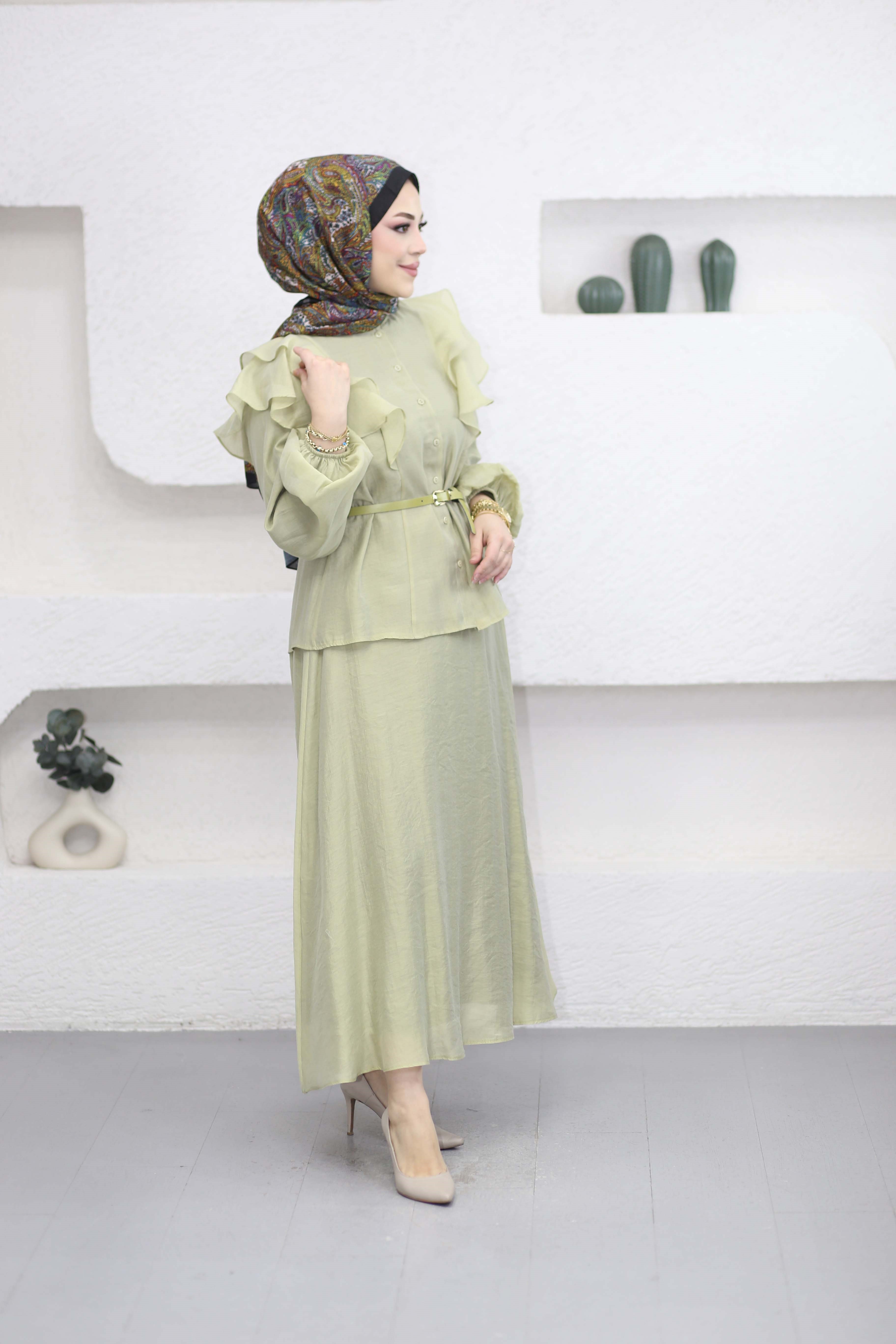 Fırfır Detaylı Etek Takım Çağla Yeşili 3213