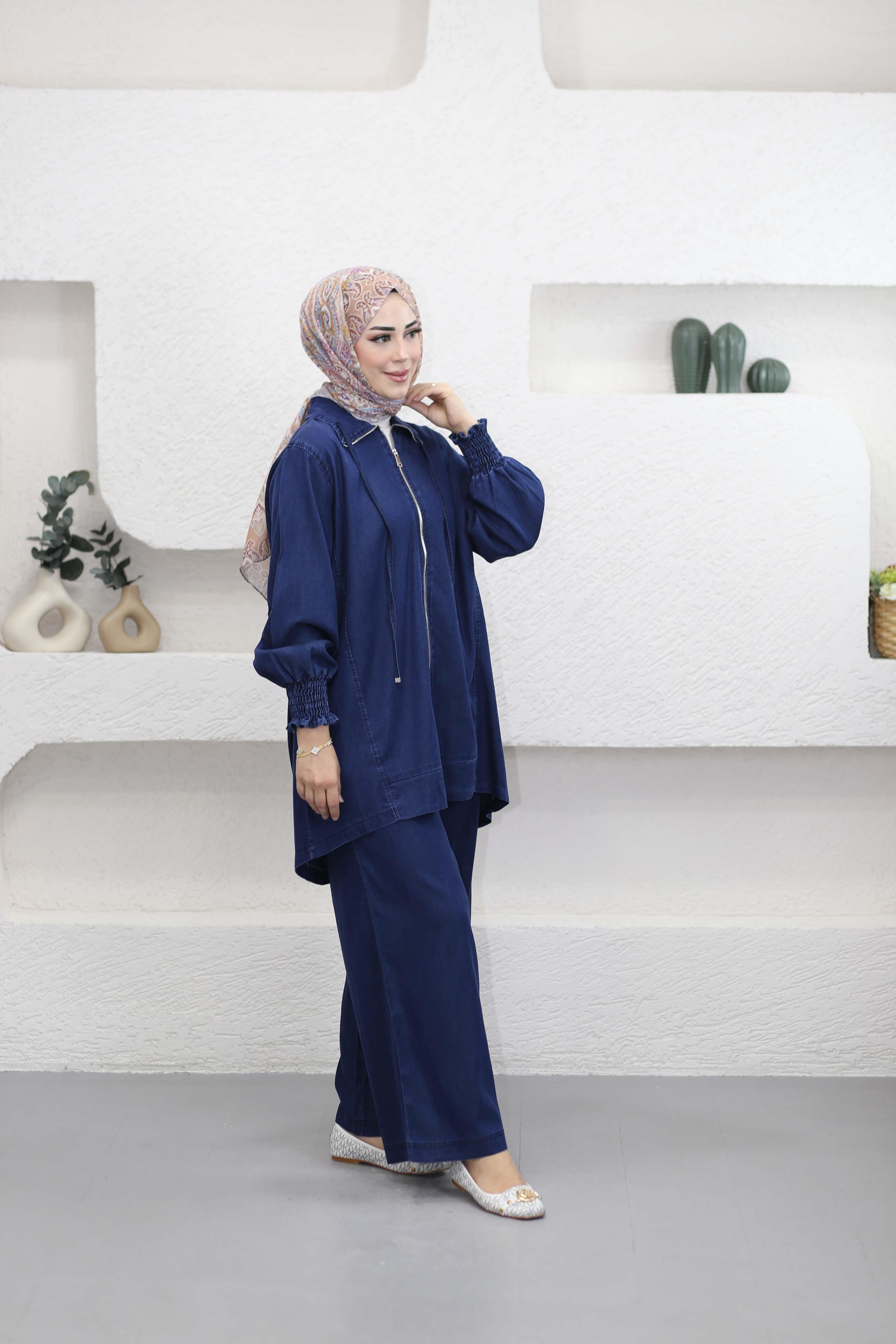 Fermuarlı Tencel Takım Koyu Mavi 5833