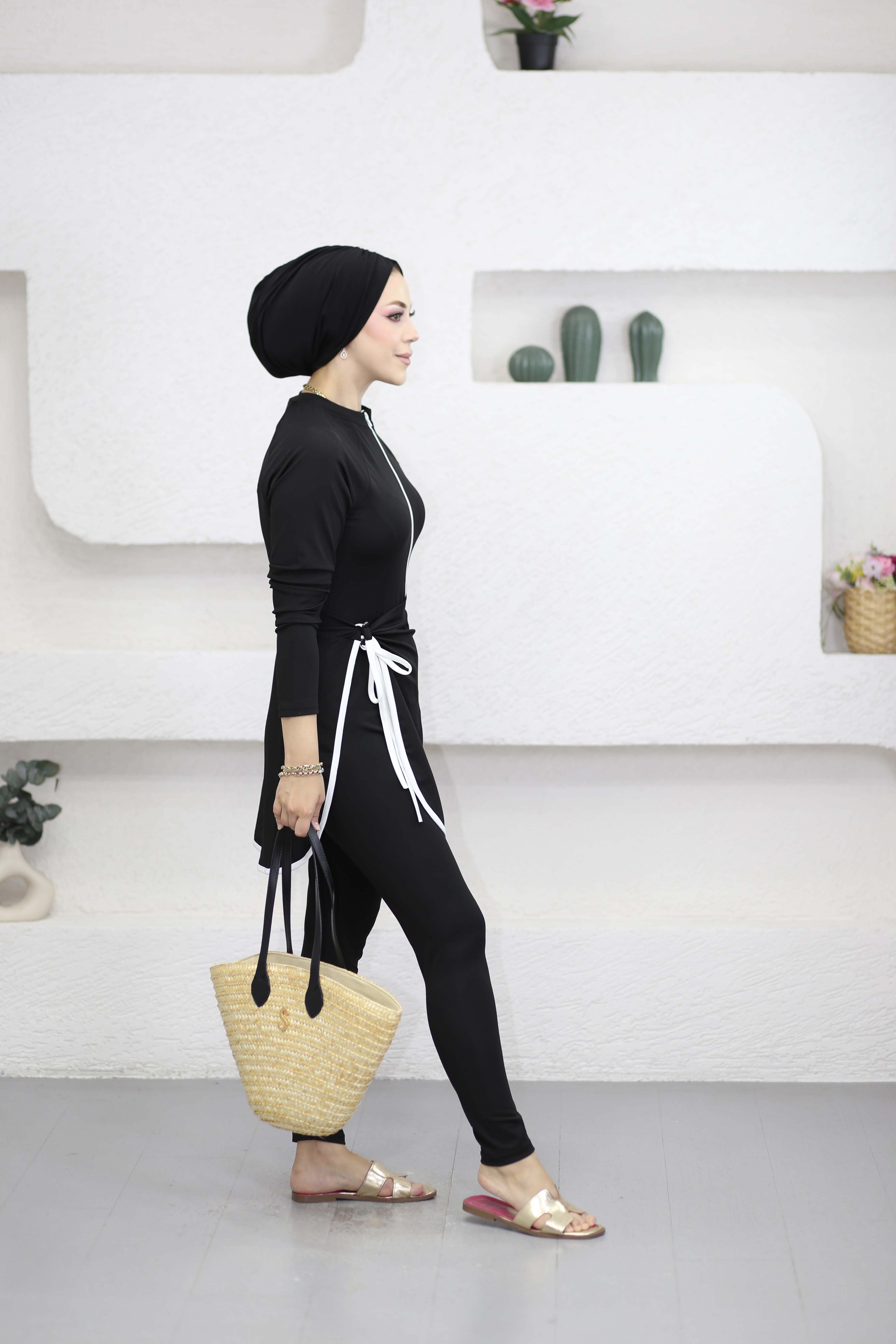 Şerit Detaylı Mayo Takım Siyah 90155