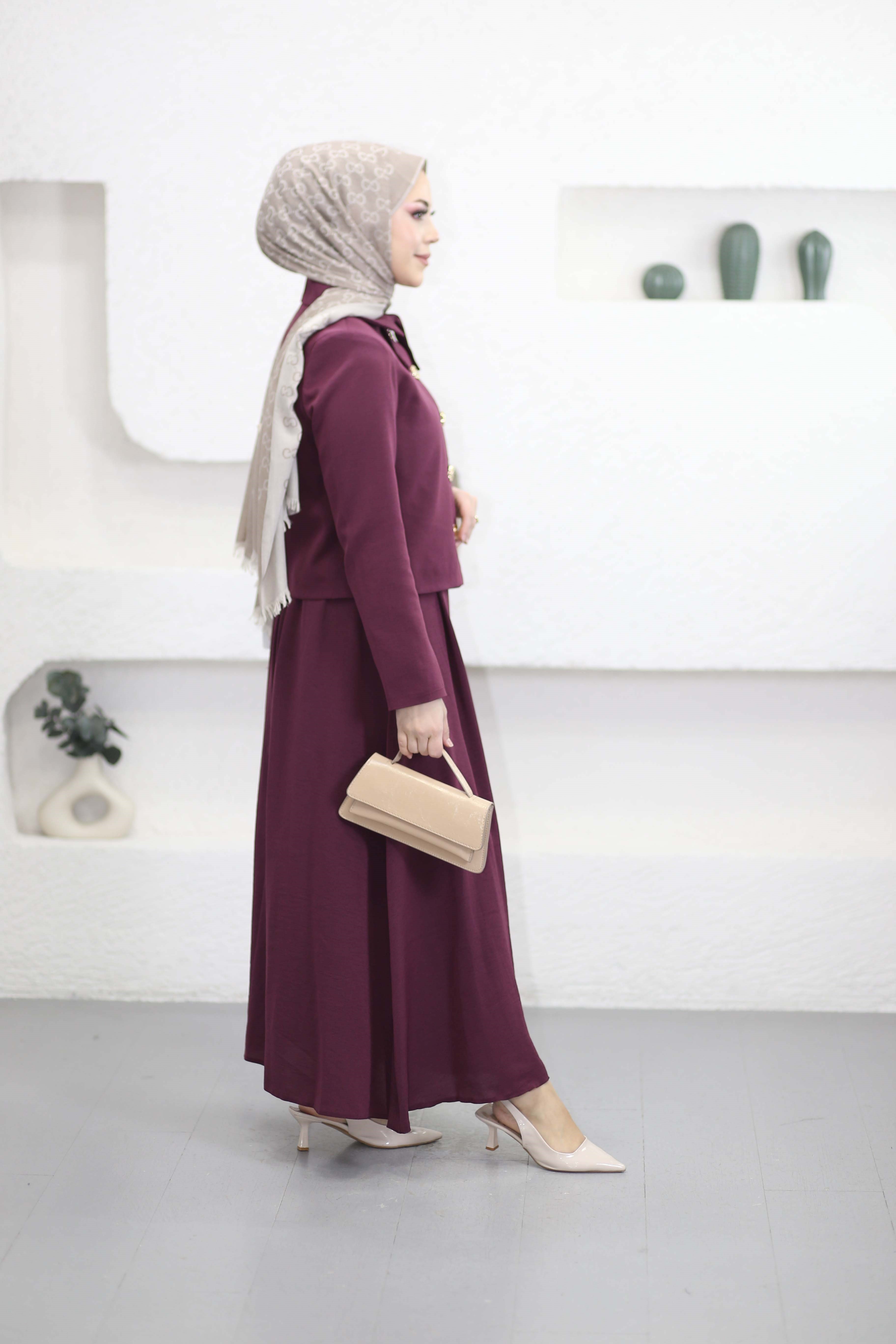 Fiyonklu Çift Yaka Takım Bordo 41599