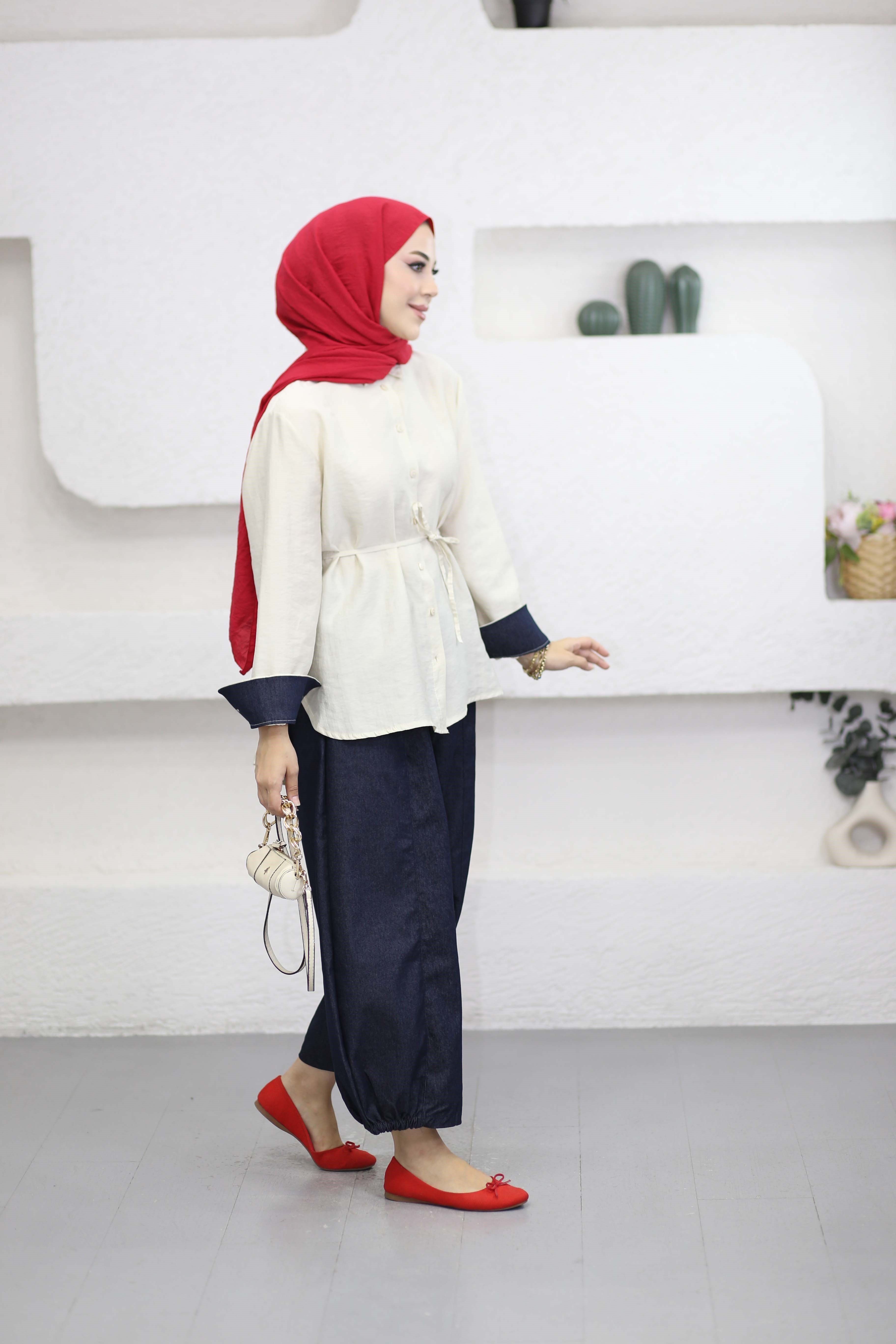 V Denim Detaylı Takım Bej 3213