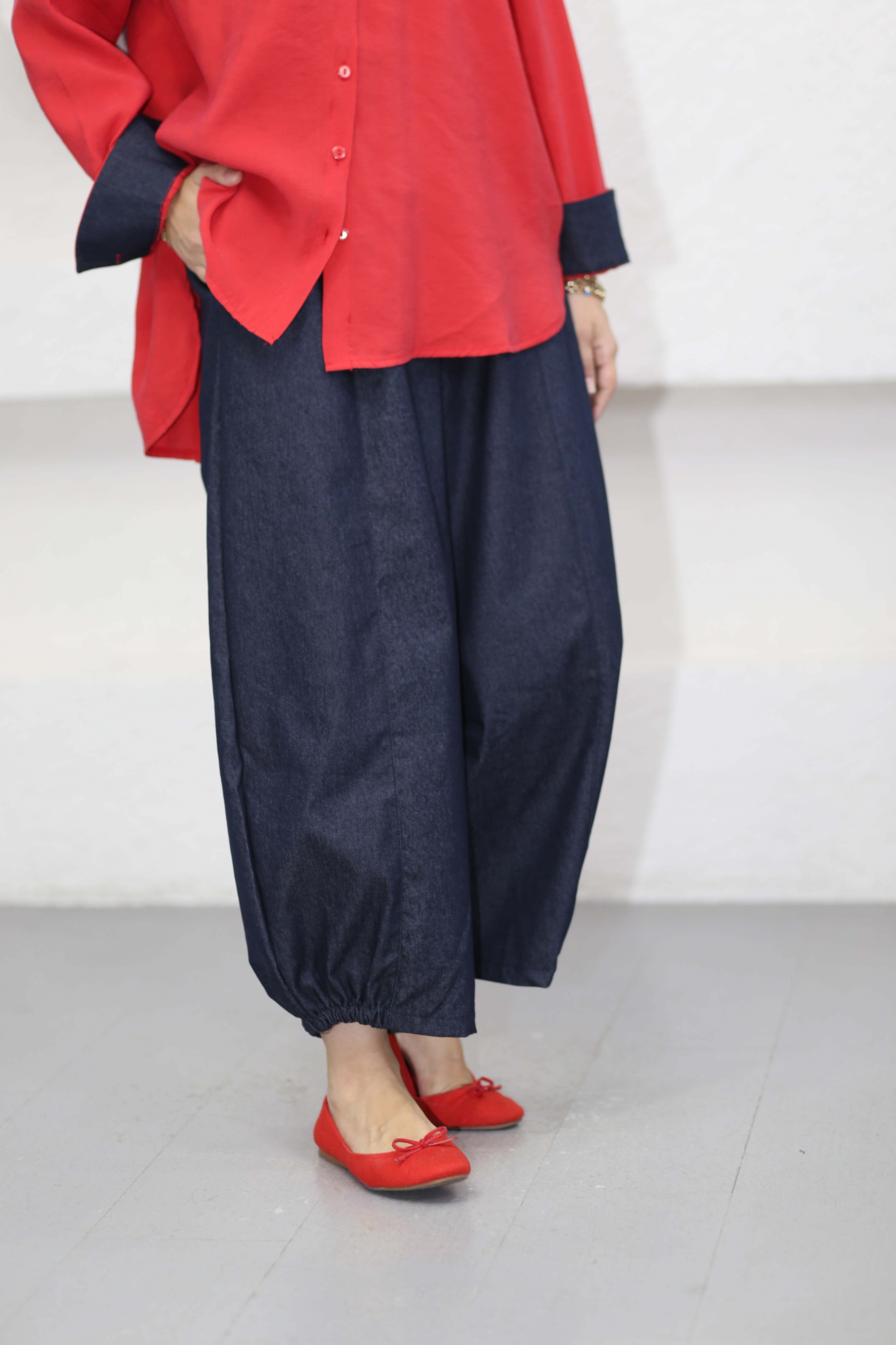 V Denim Detaylı Takım Kırmızı 3213