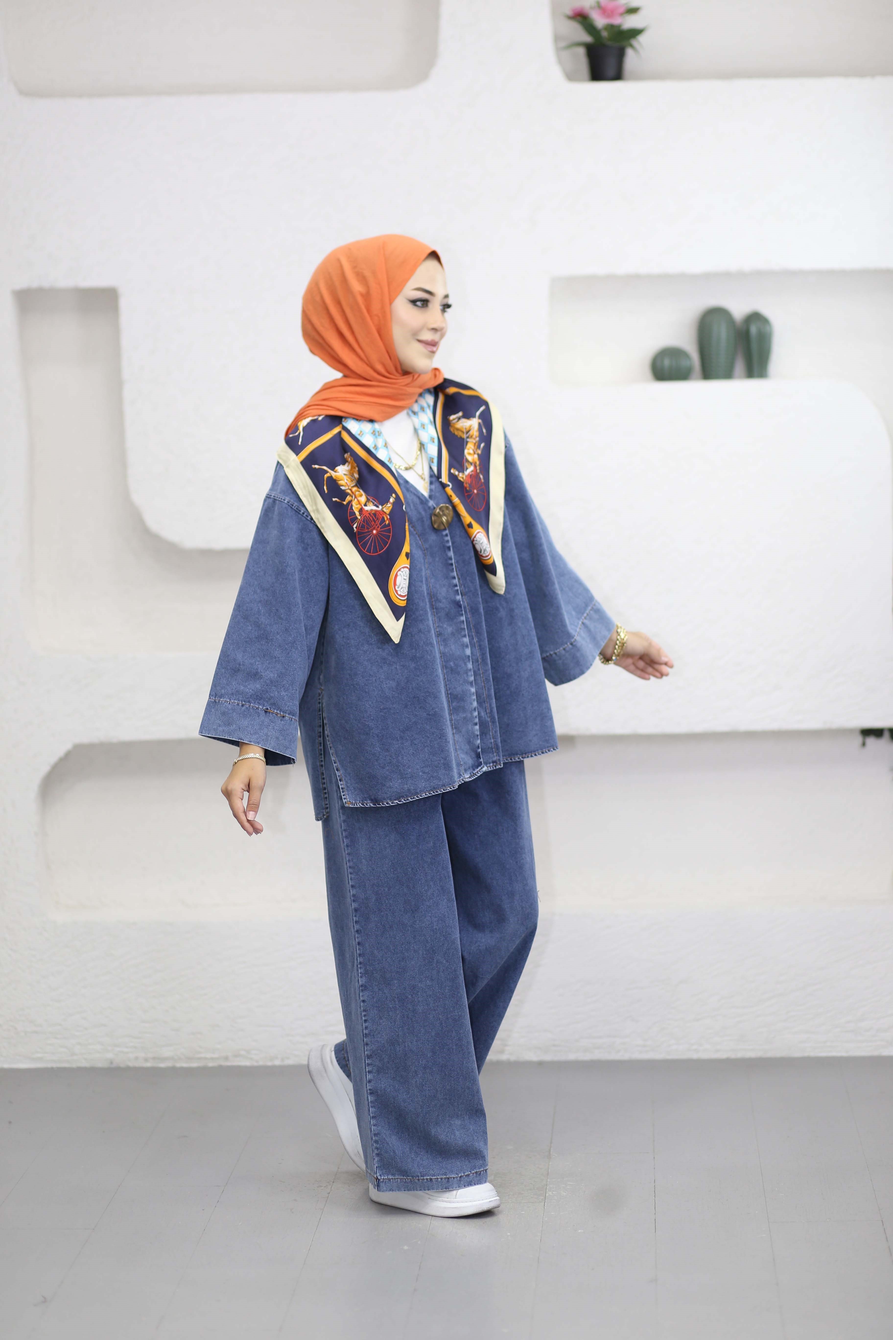 Broşlu Denim Takım Açık Mavi 9149