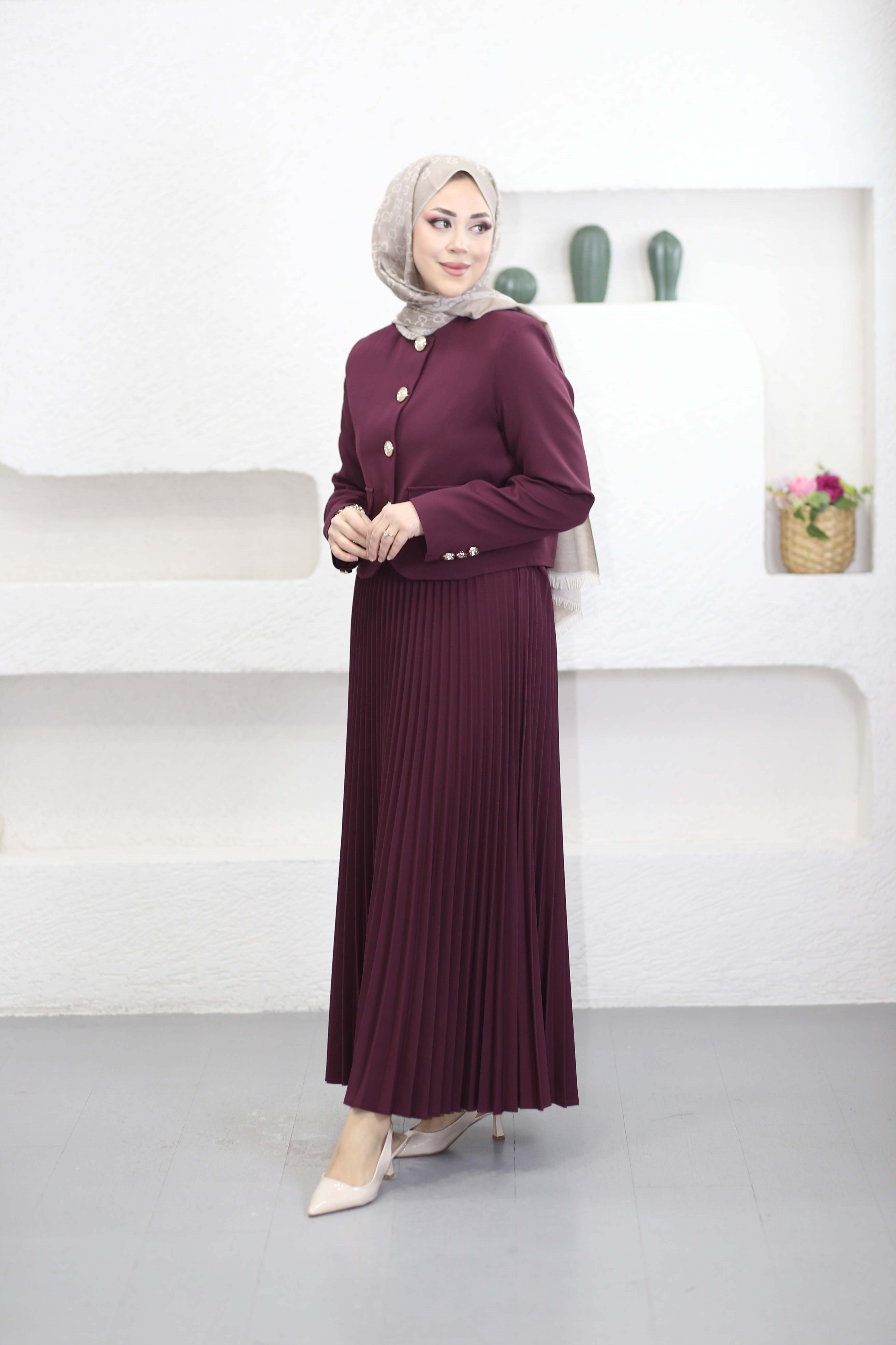 Gold Düğmeli Takım Bordo 41453