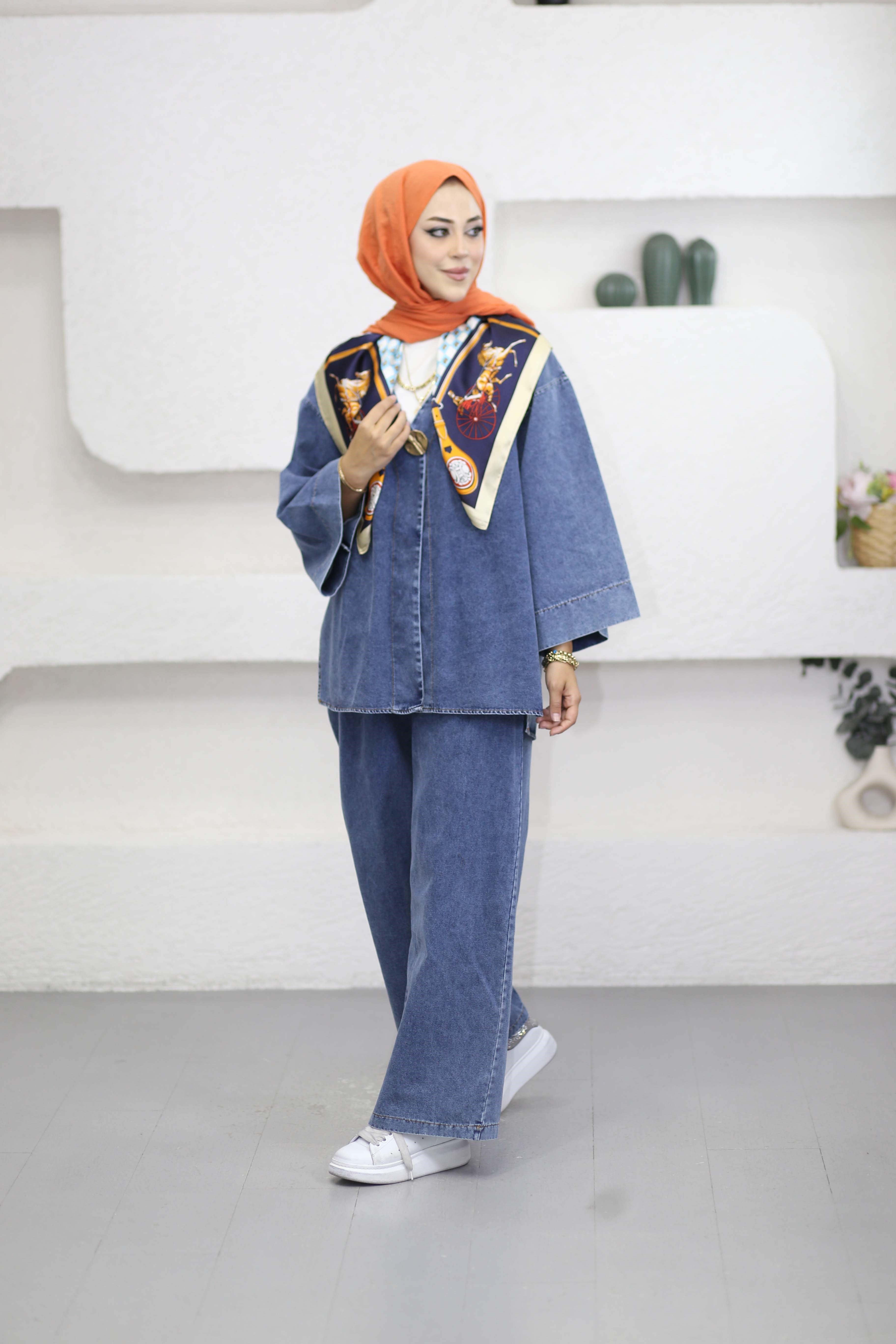 Broşlu Denim Takım Açık Mavi 9149