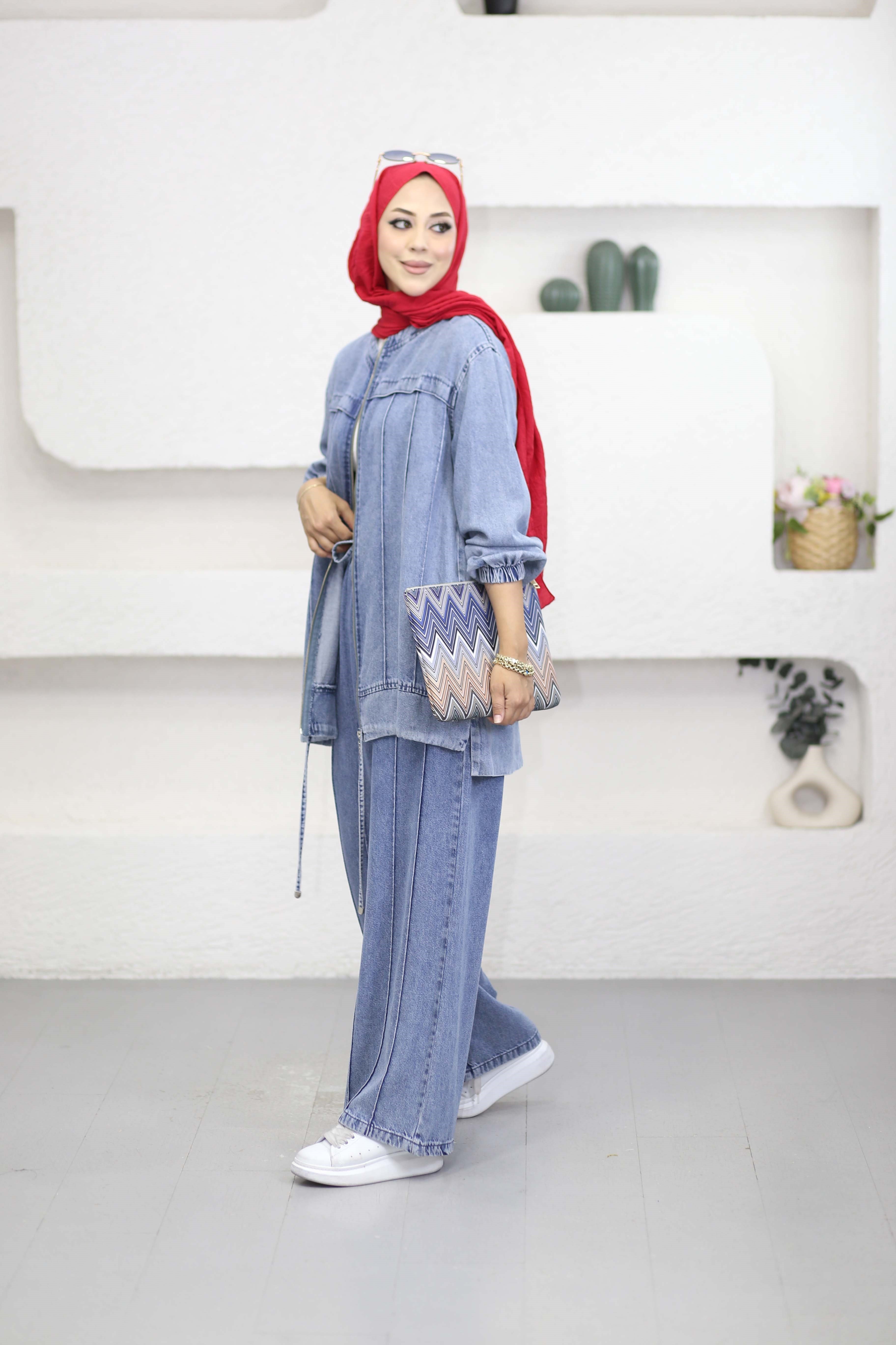 Dikişli Denim Takım Açık Mavi 7579