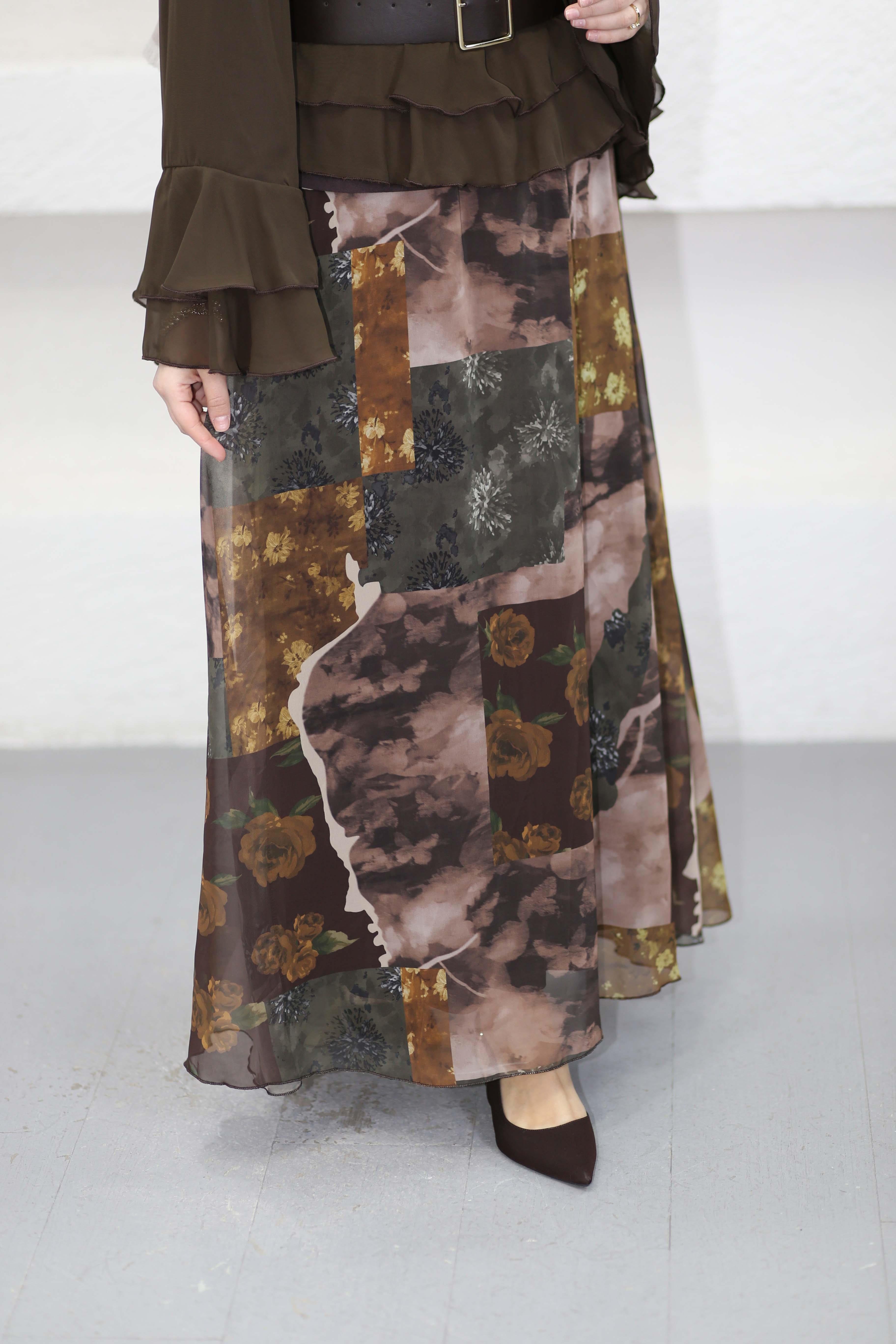 Etek Desenli Şifon Takım Kahverengi 8281