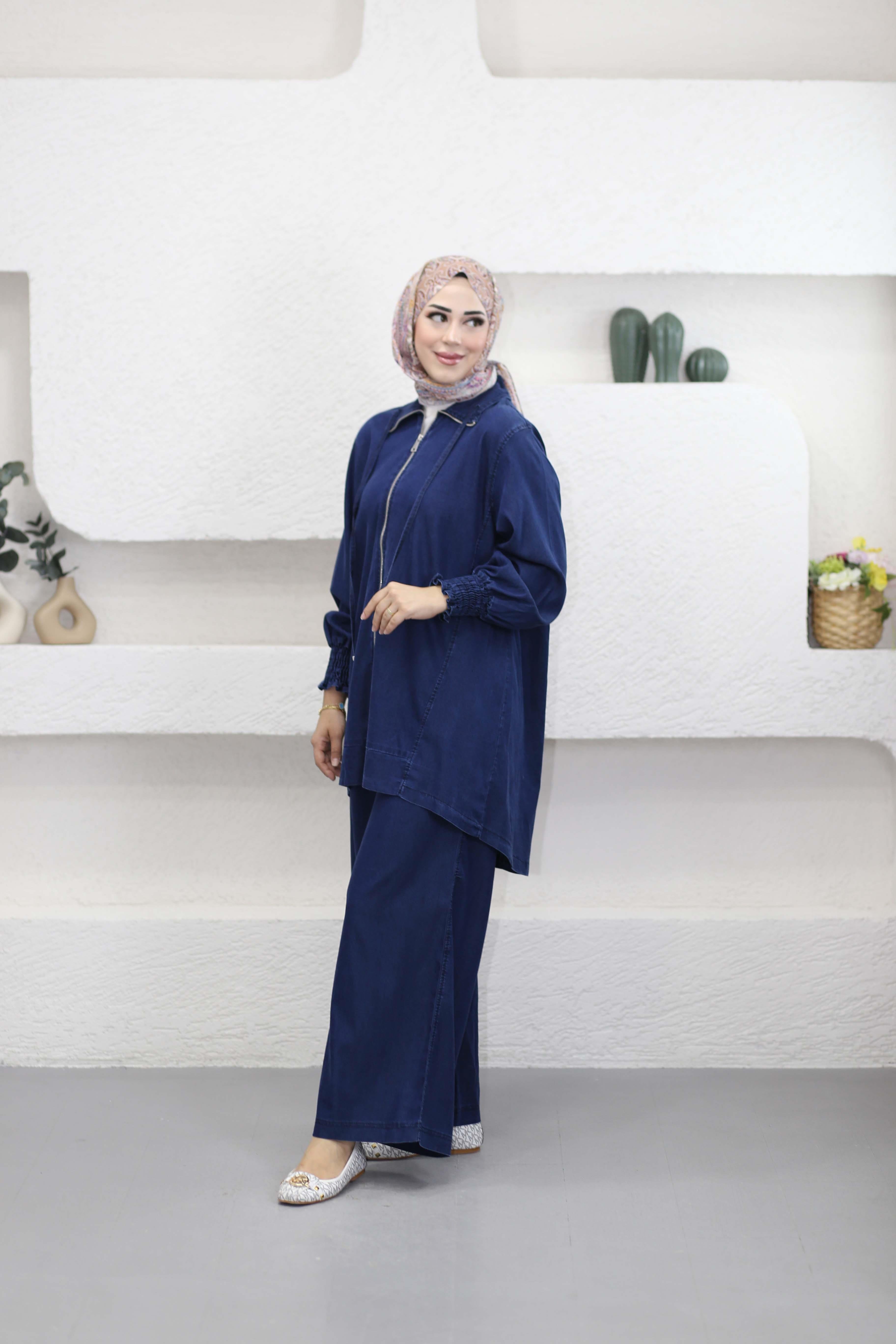 Fermuarlı Tencel Takım Koyu Mavi 5833