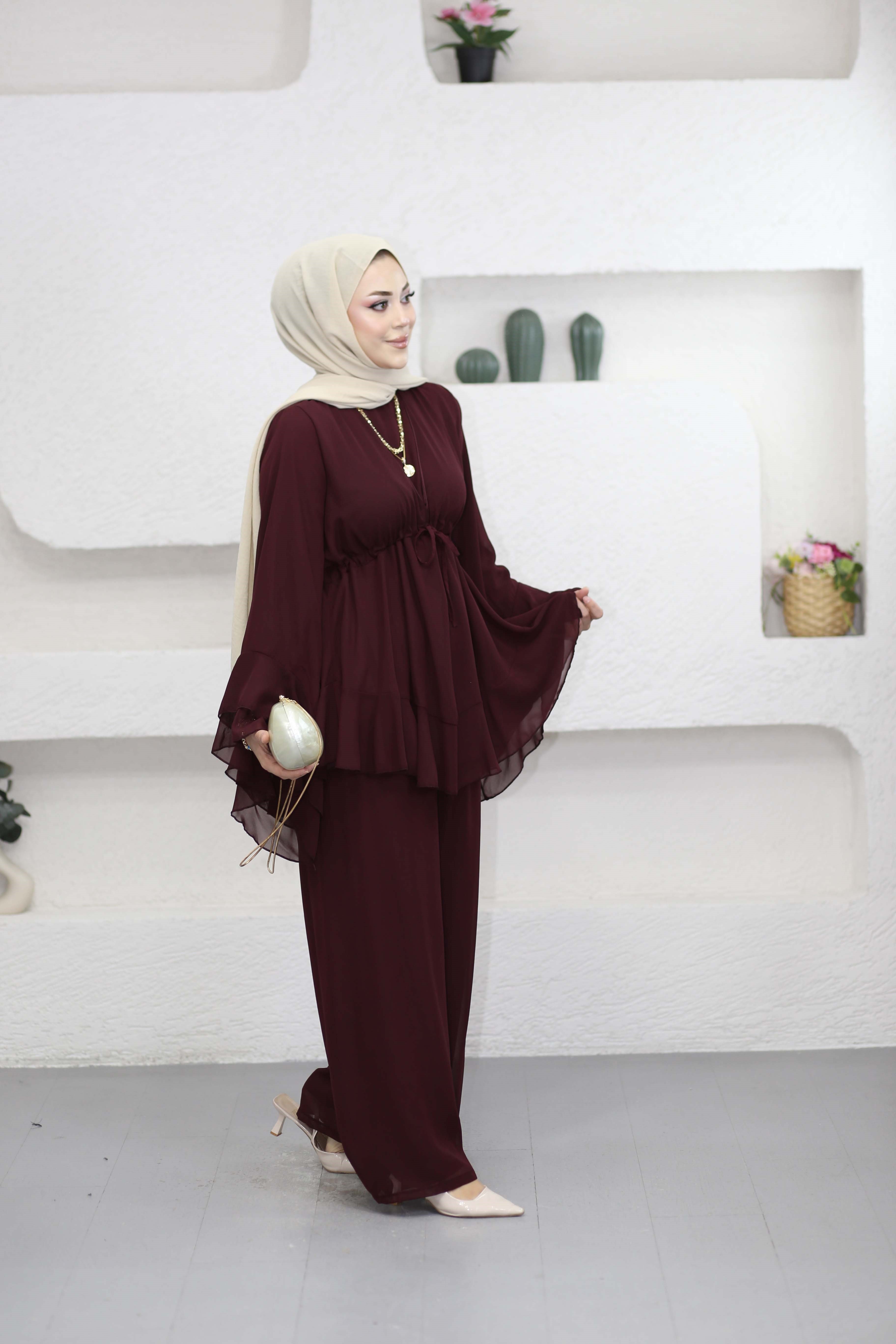 Bel Tünelli Şifon Takım Bordo 8418