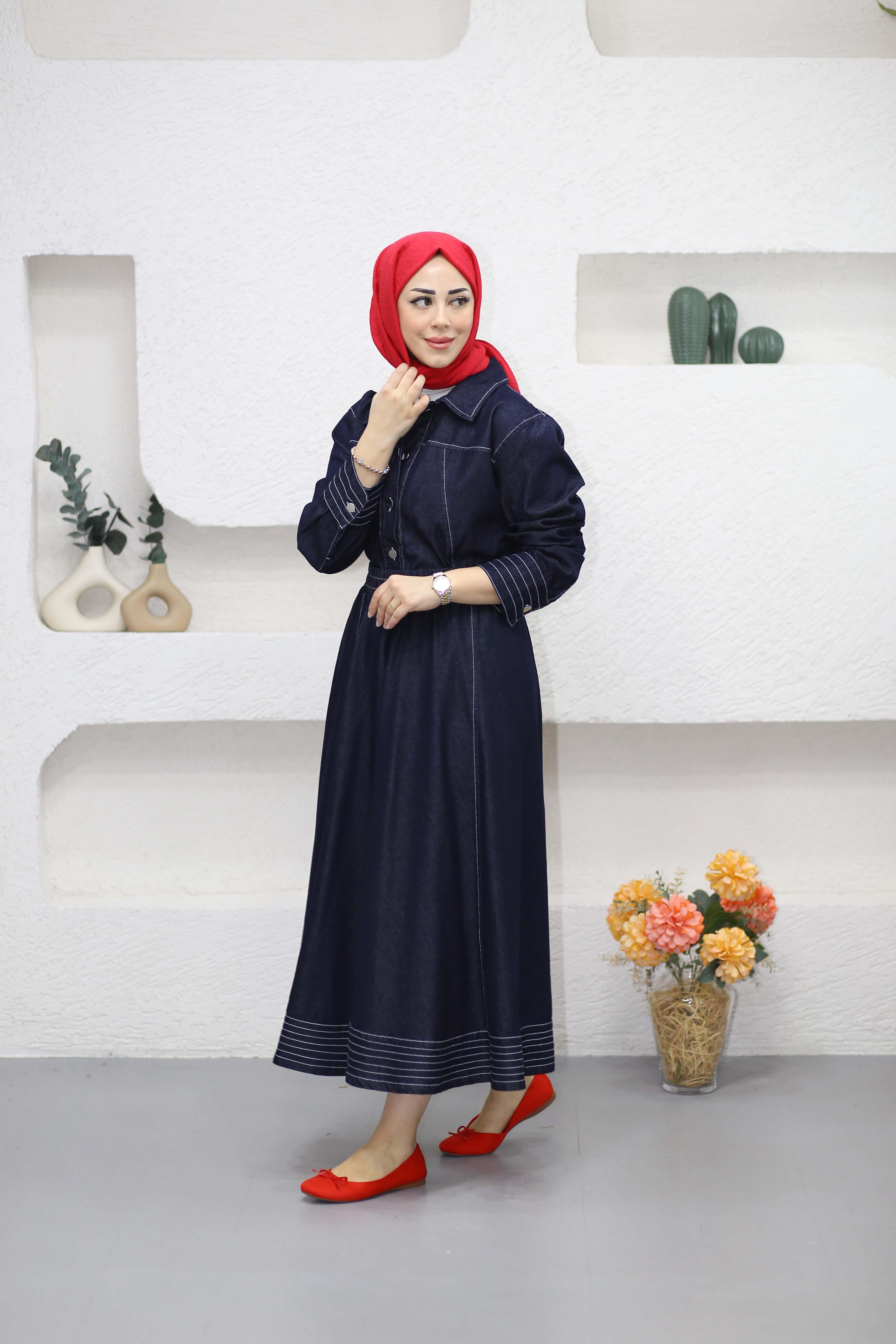 Dikiş Detaylı Denim Takım Koyu Mavi 7319