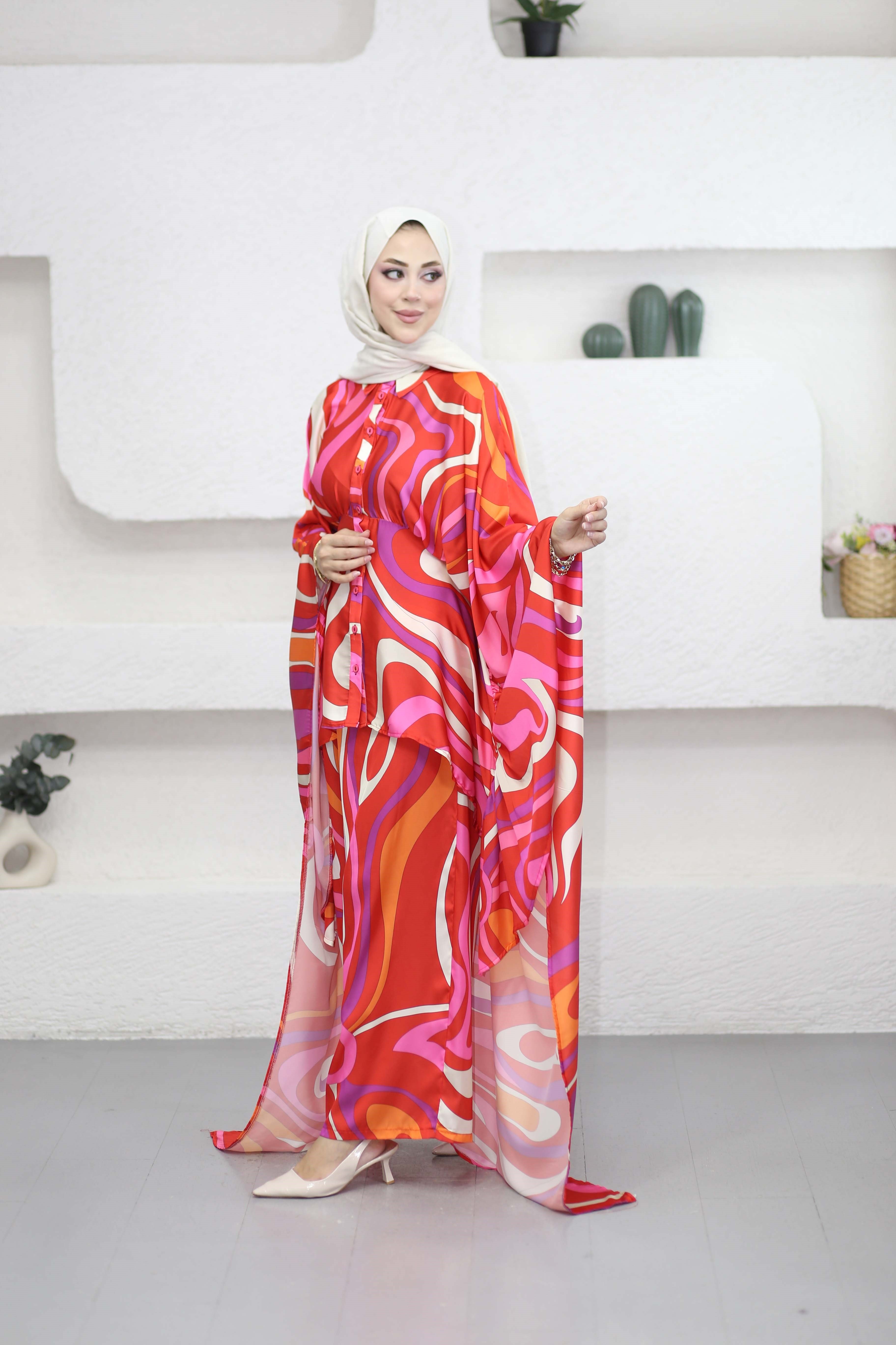 Angels Abaya Takım Kırmızı 0101