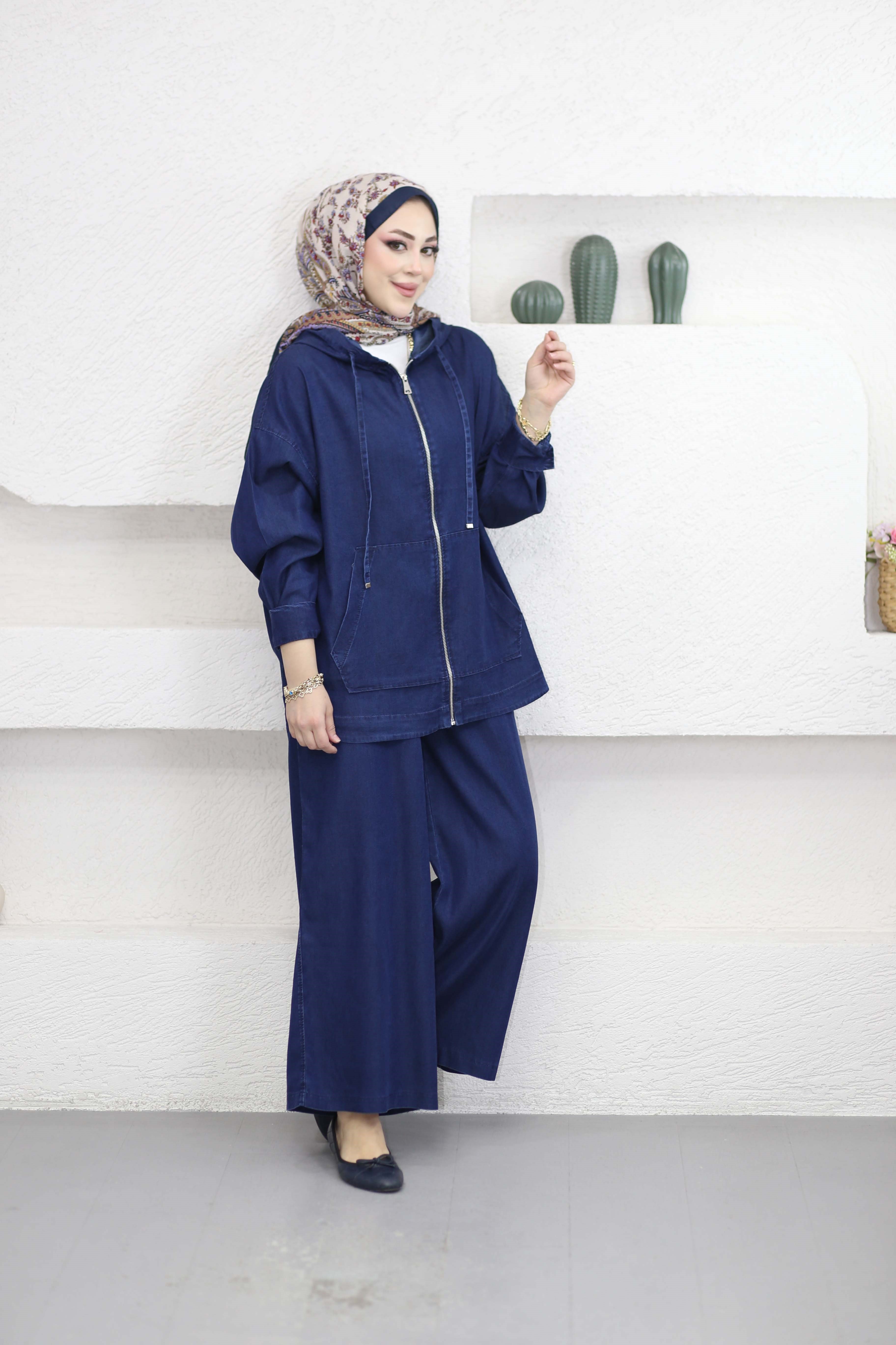 Kanguru Cep Fermuarlı Tencel Takım Koyu Mavi 5398