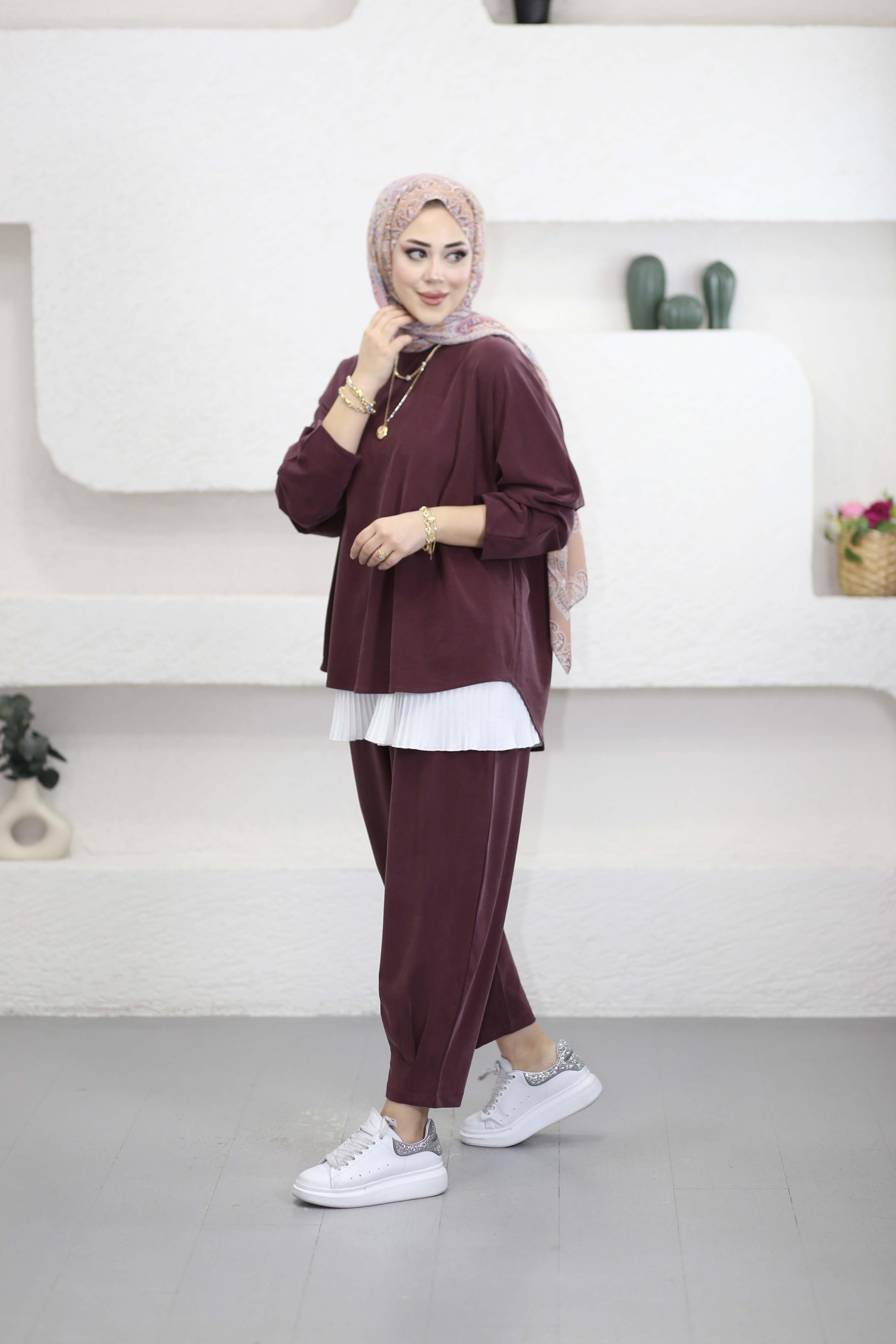 Arkası V Pile Şalvar Takım Bordo 6356