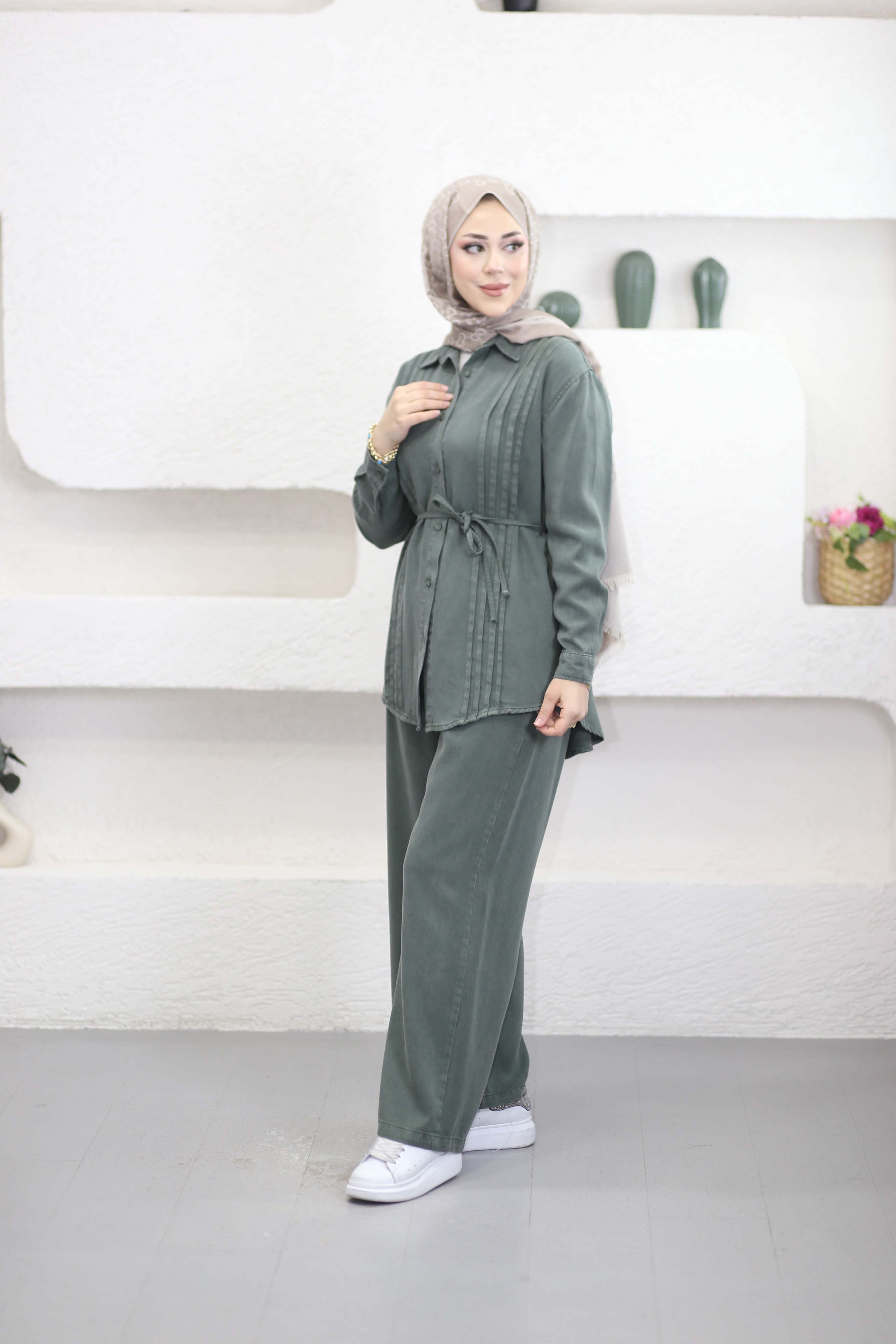 Nervürlü Tencel Takım Yeşil 7496