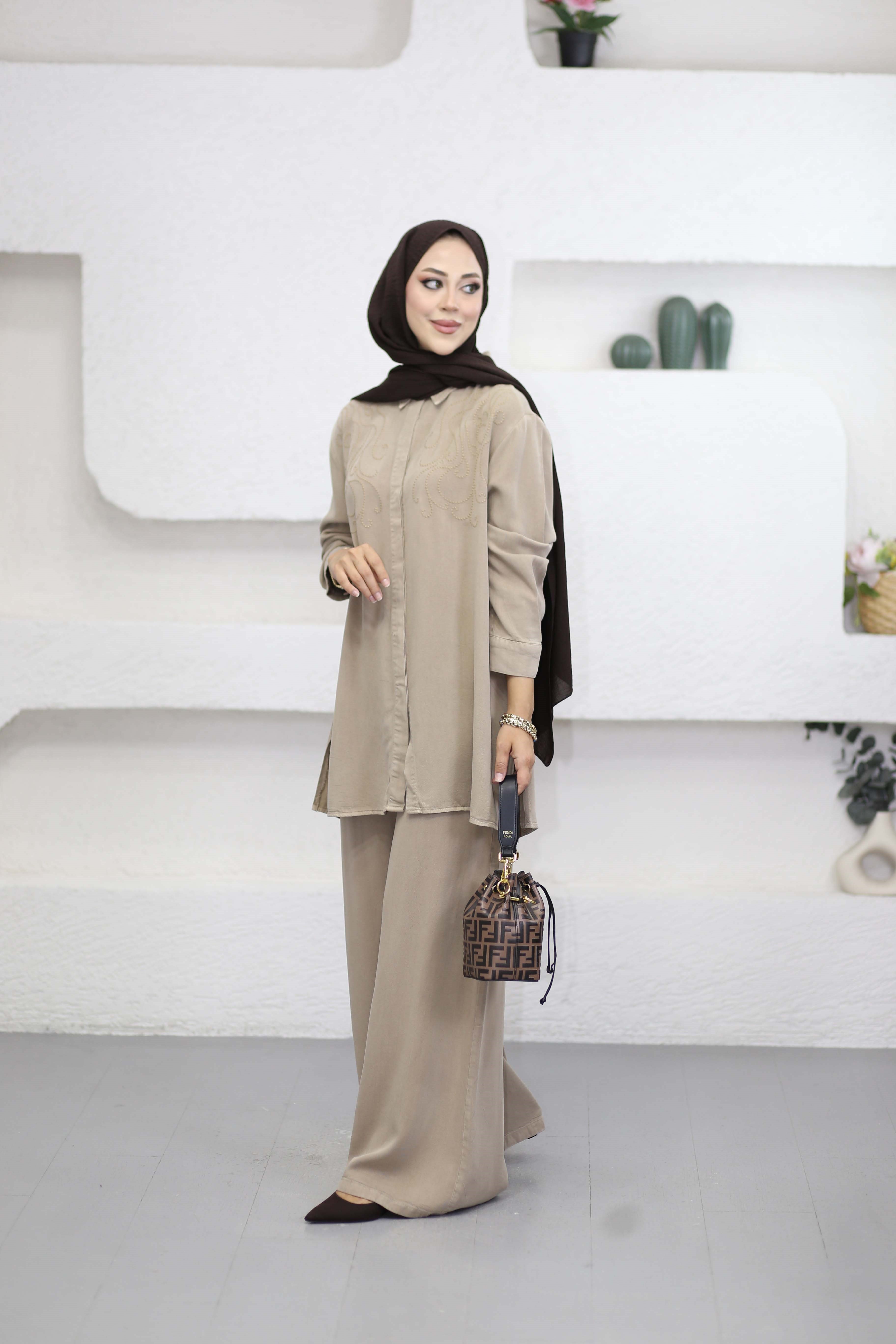 Nakışlı tencel Takım Bej 1379
