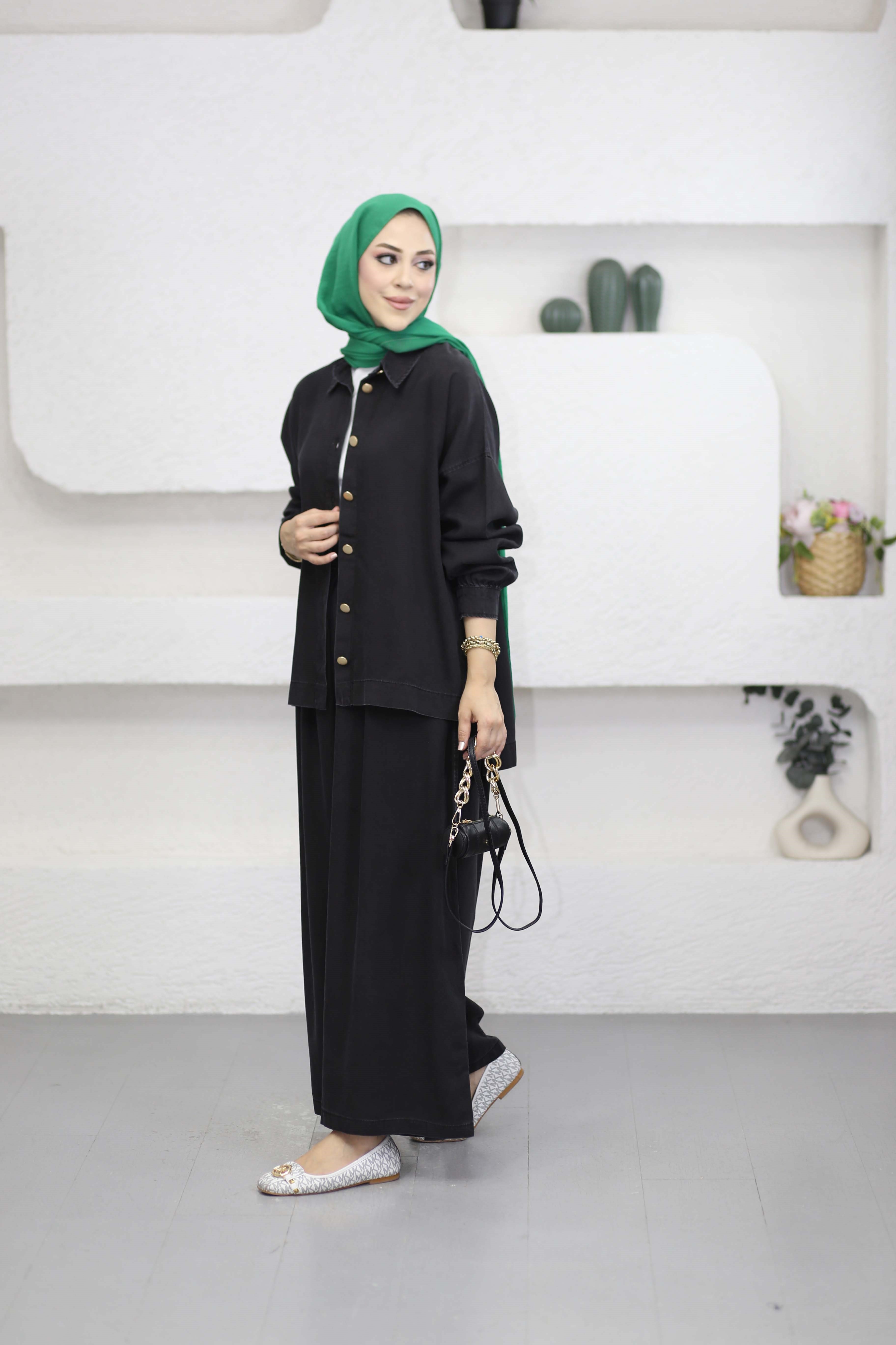 Pirinç Düğmeli Tencel Takım Siyah 6218