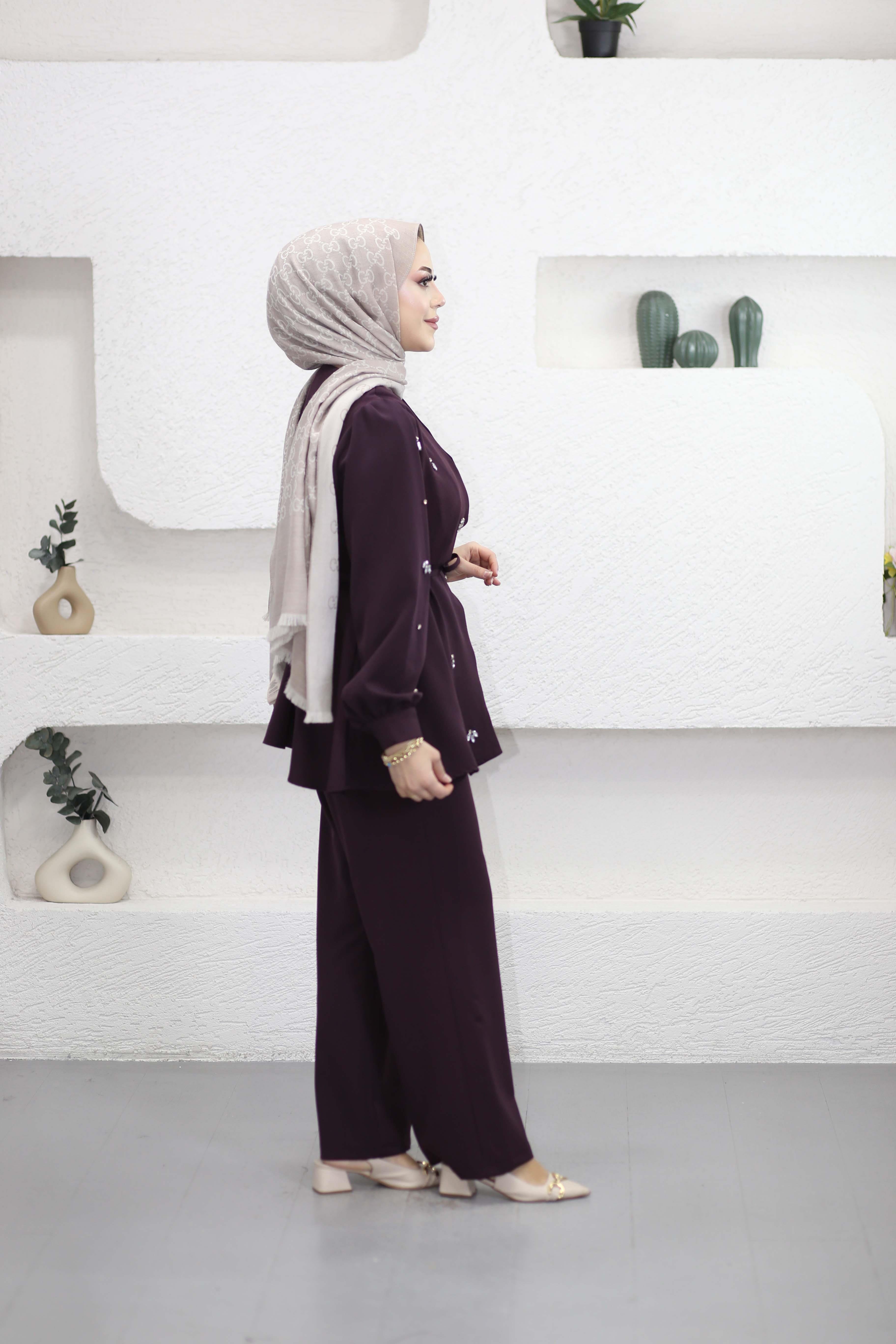 Kruvaze Taşlı Double Takım Mürdüm 8160