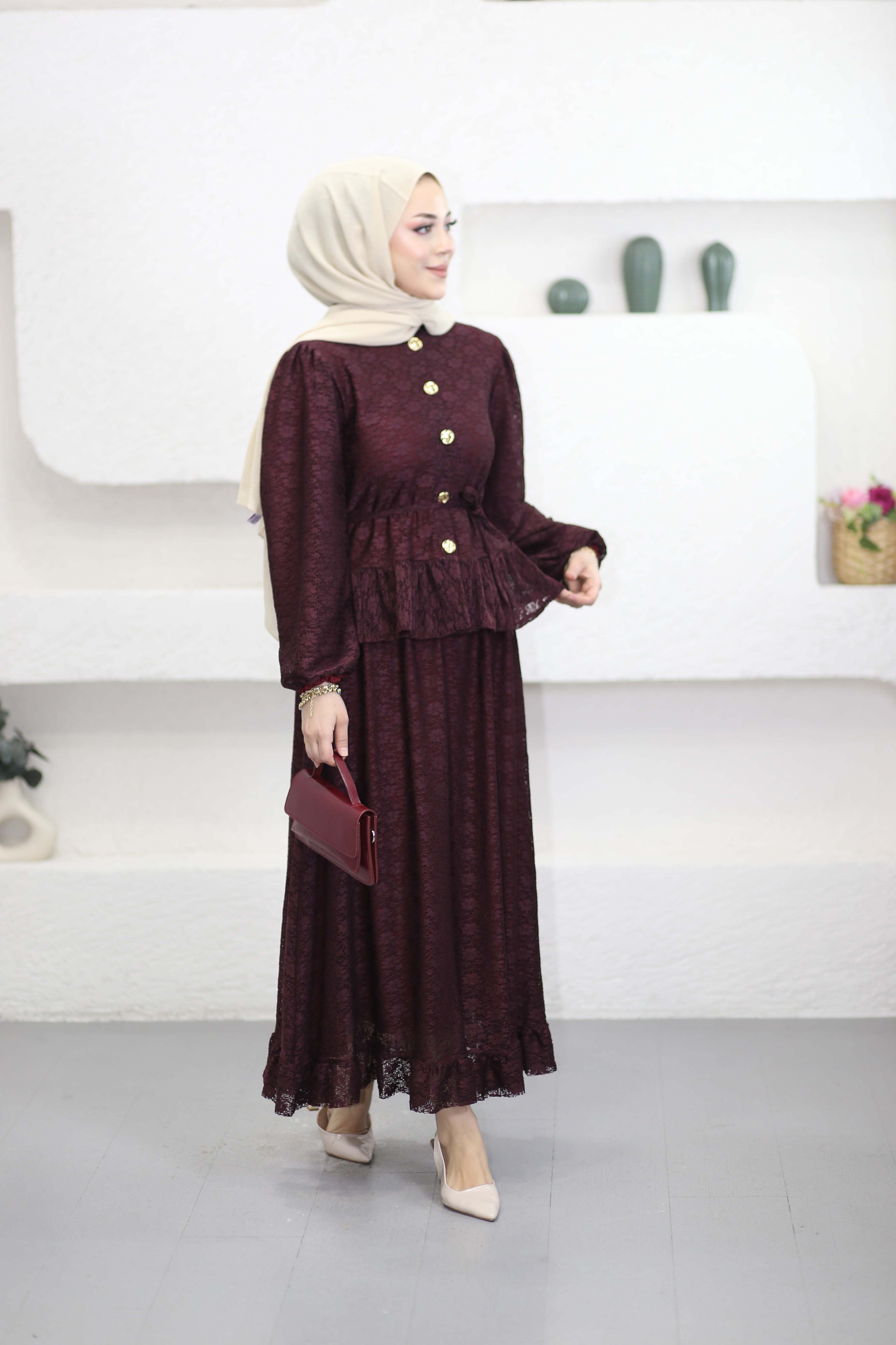 Dantel Etekli Takım Bordo 3141
