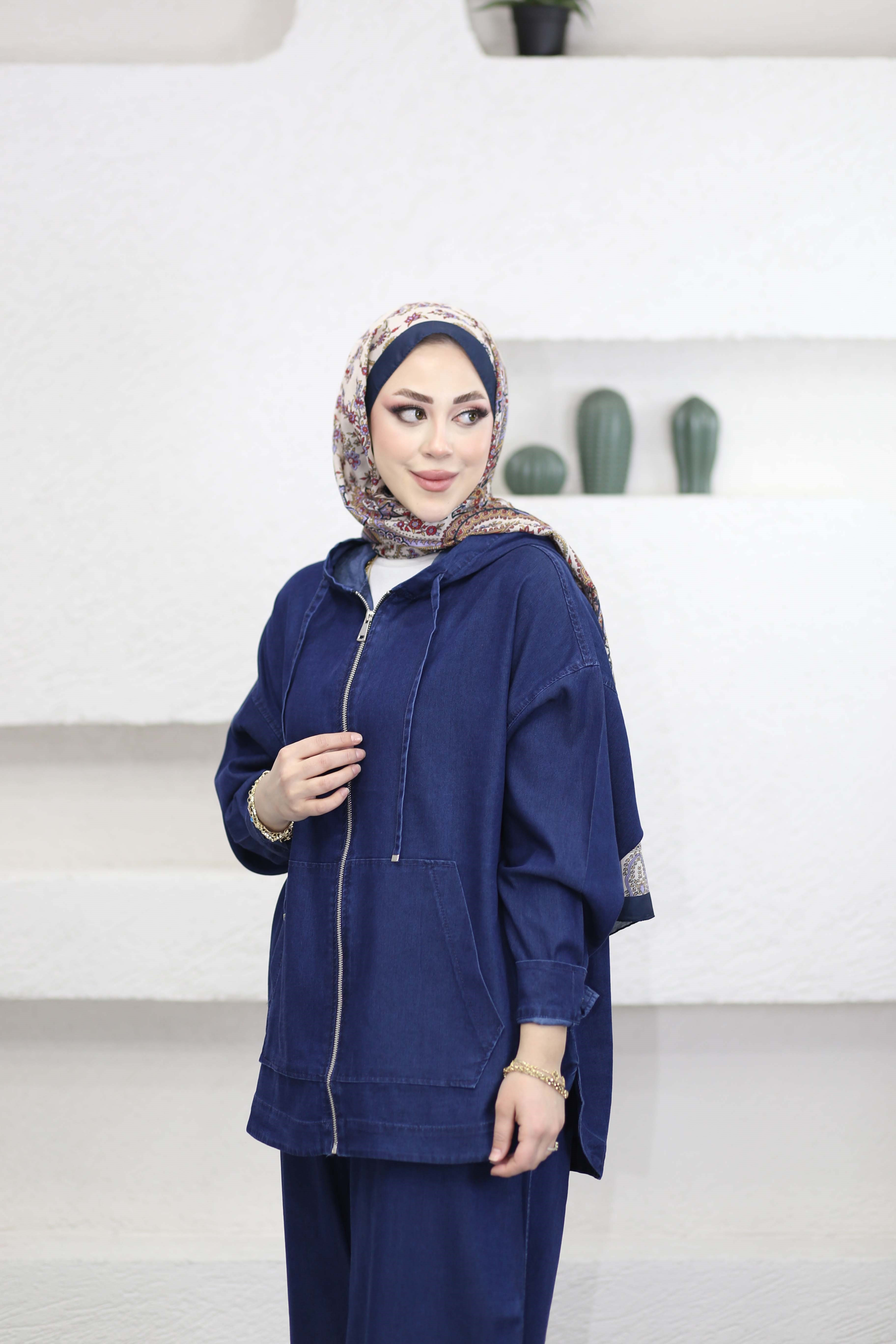 Kanguru Cep Fermuarlı Tencel Takım Koyu Mavi 5398