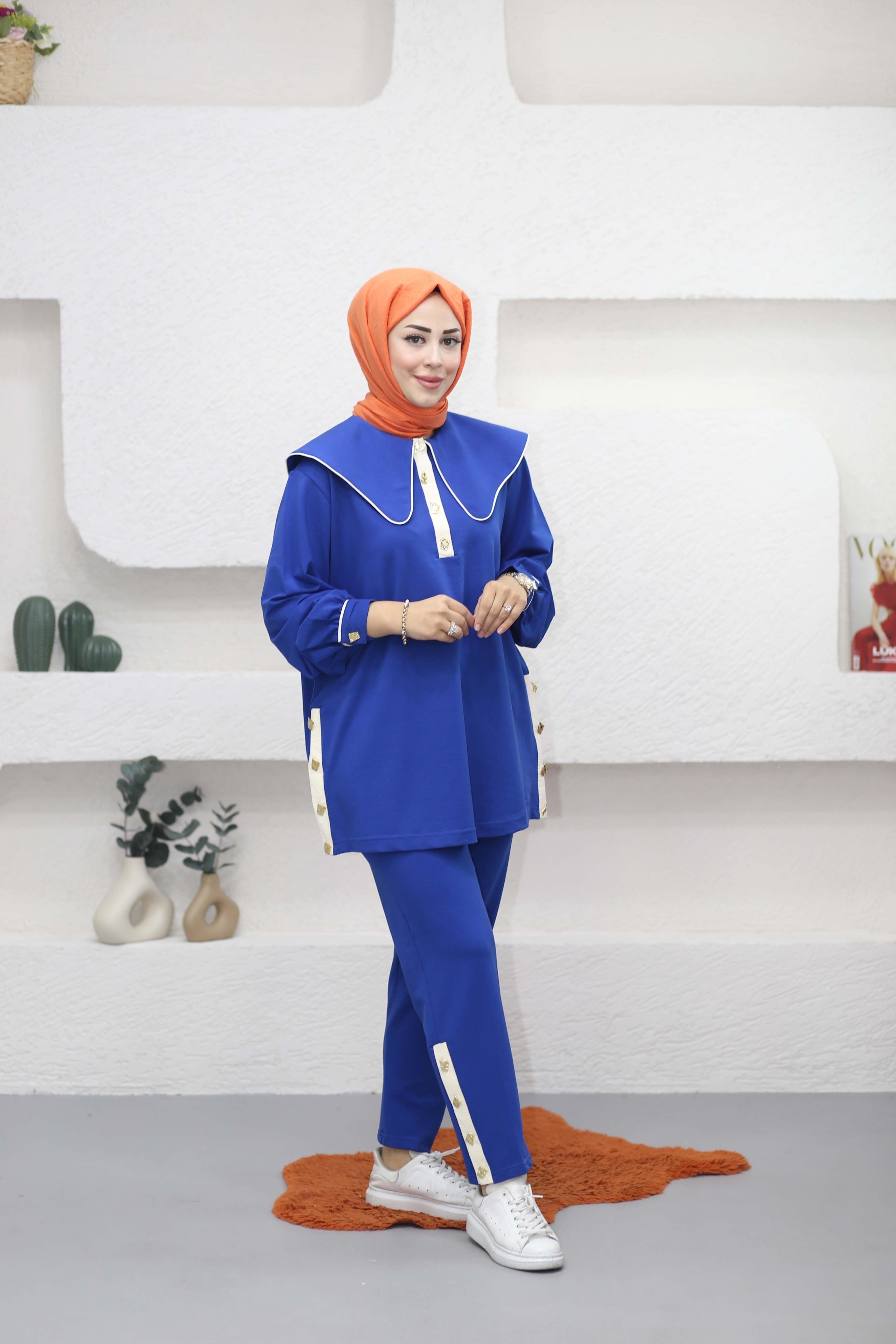 Düğmeli Biyeli Spor Takım Saks 5190