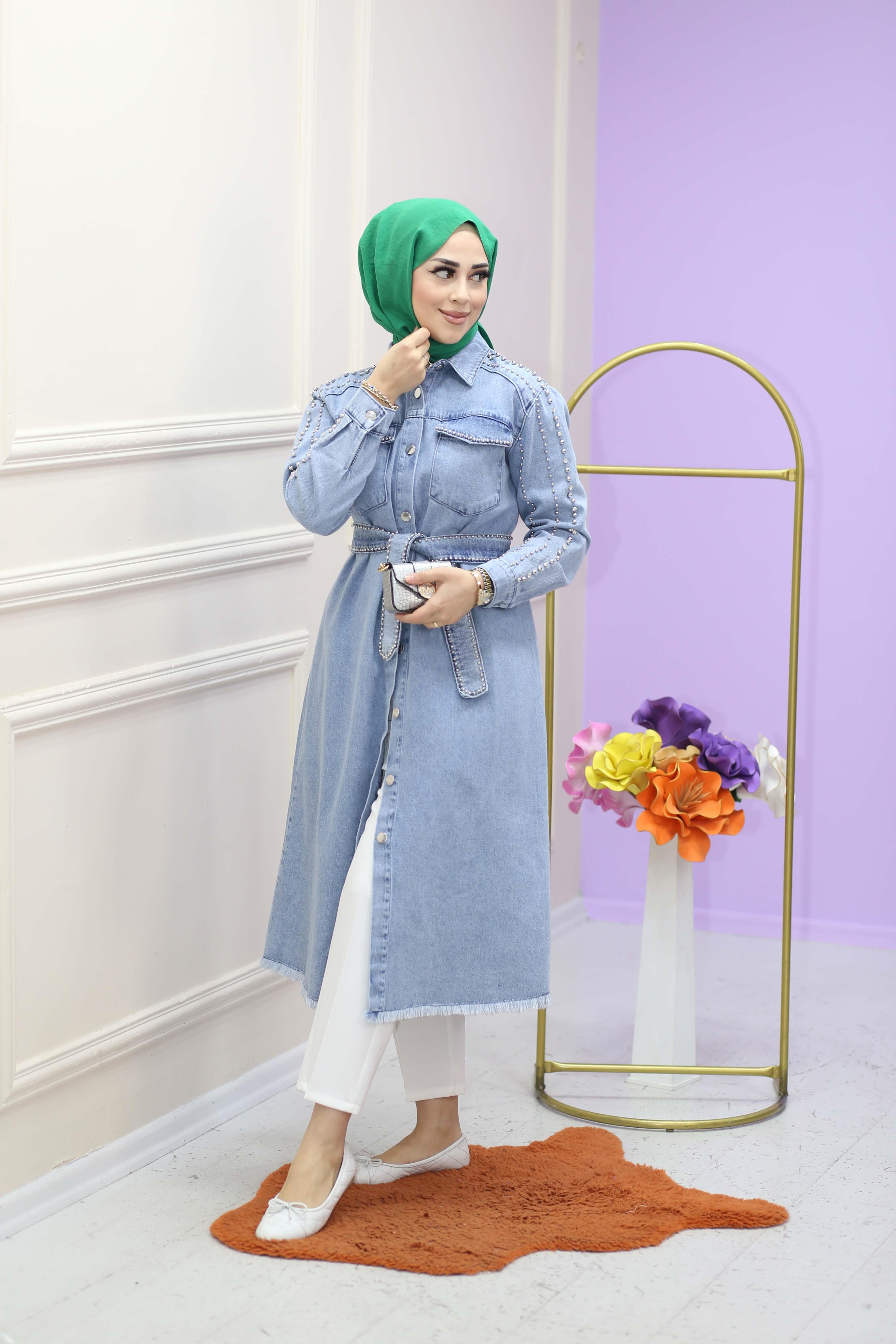 Sıra Taşlı Denim Trenç Açık Mavi 7157