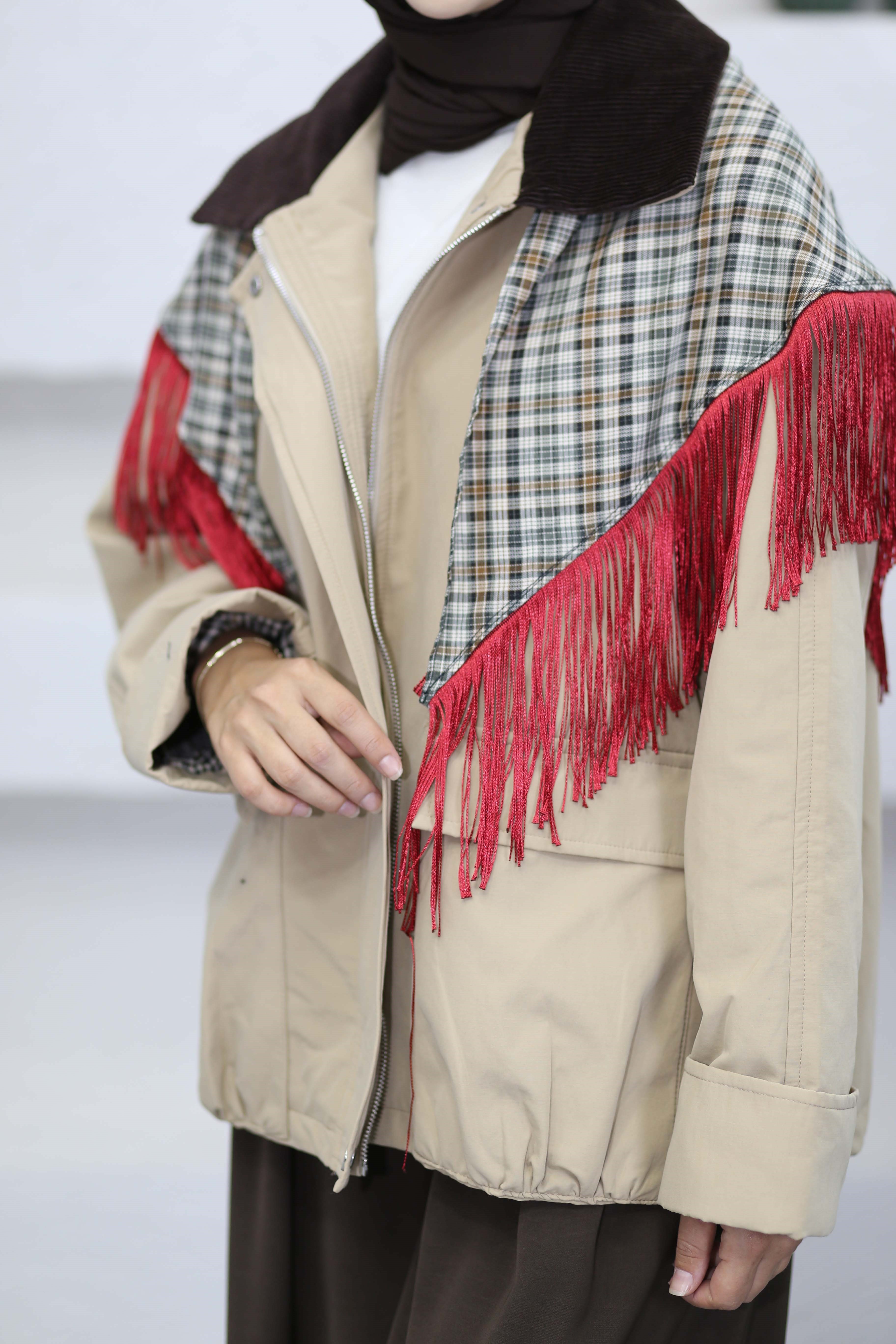 Fitilli Kadife Yaka Trençkot Camel 5768