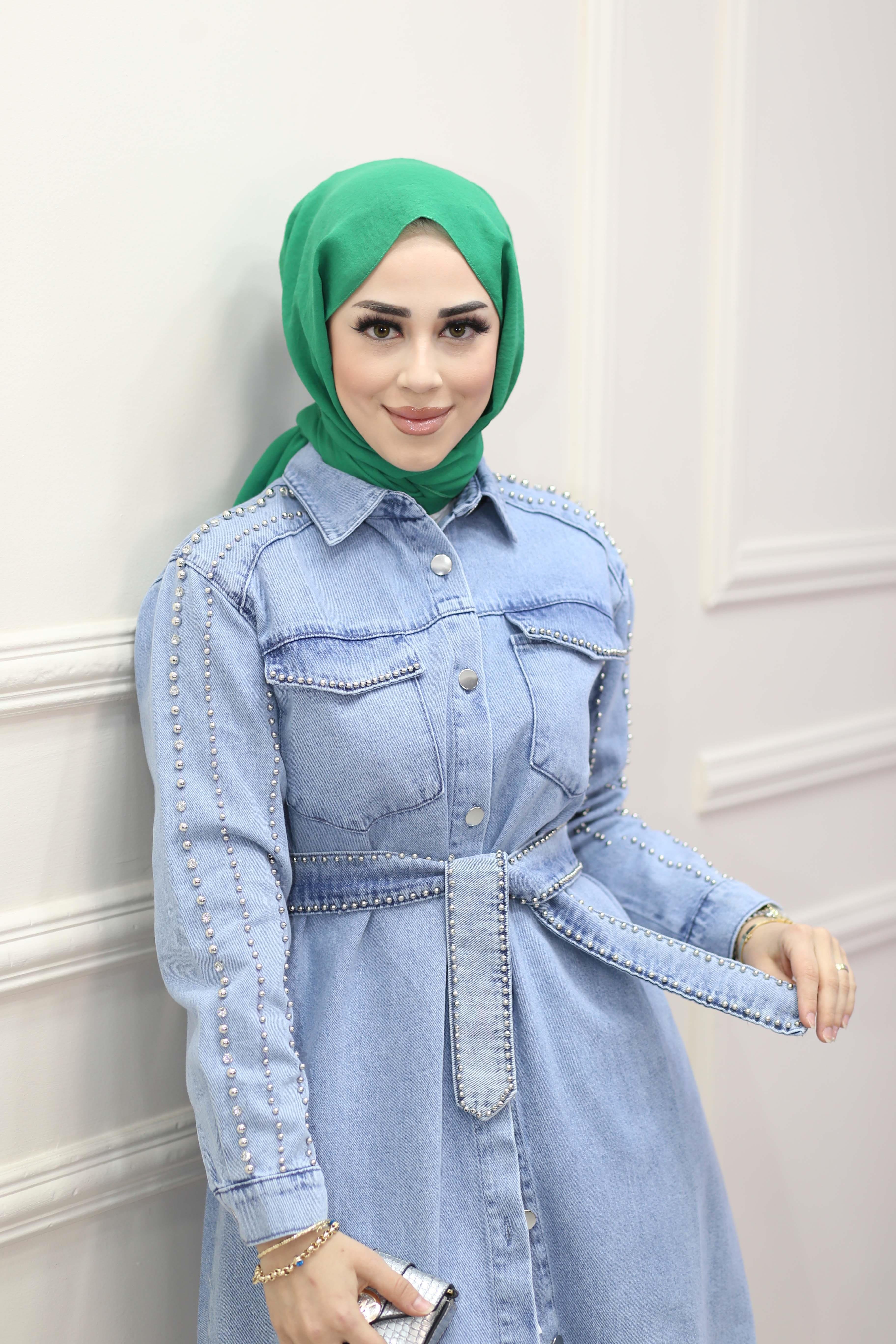 Sıra Taşlı Denim Trenç Açık Mavi 7157