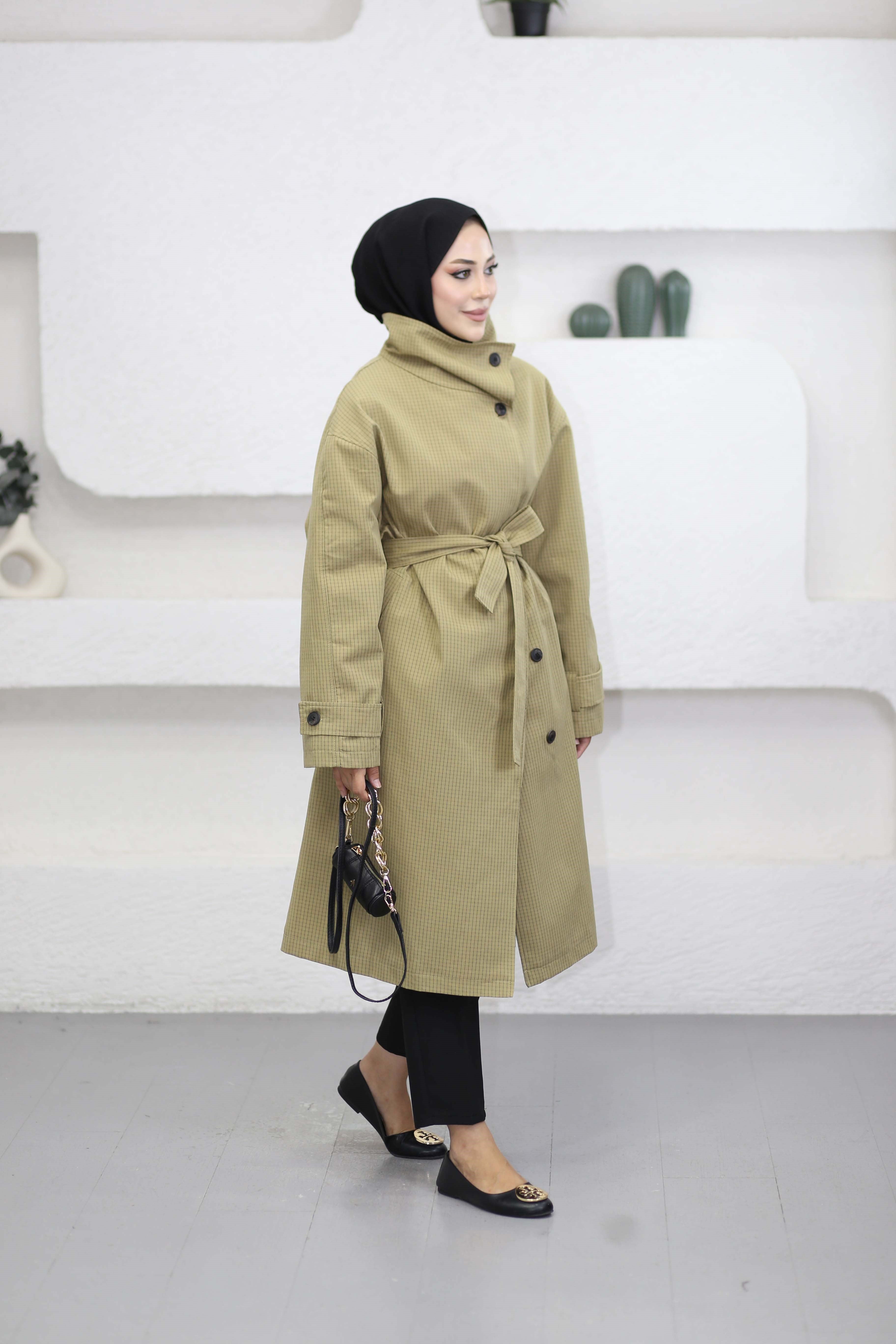 Kruvaze Oversize Trençkot Haki 7770
