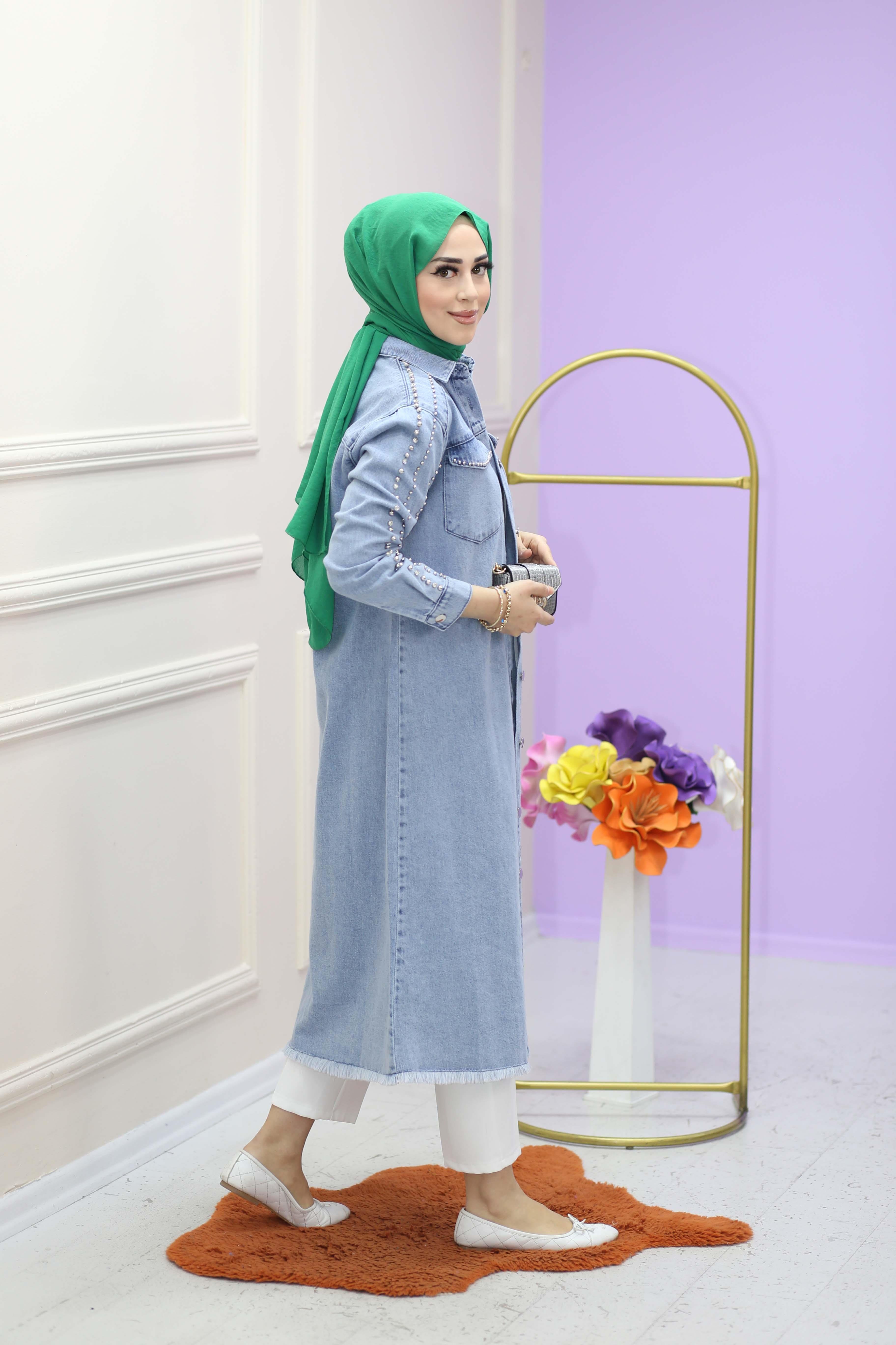 Sıra Taşlı Denim Trenç Açık Mavi 7157