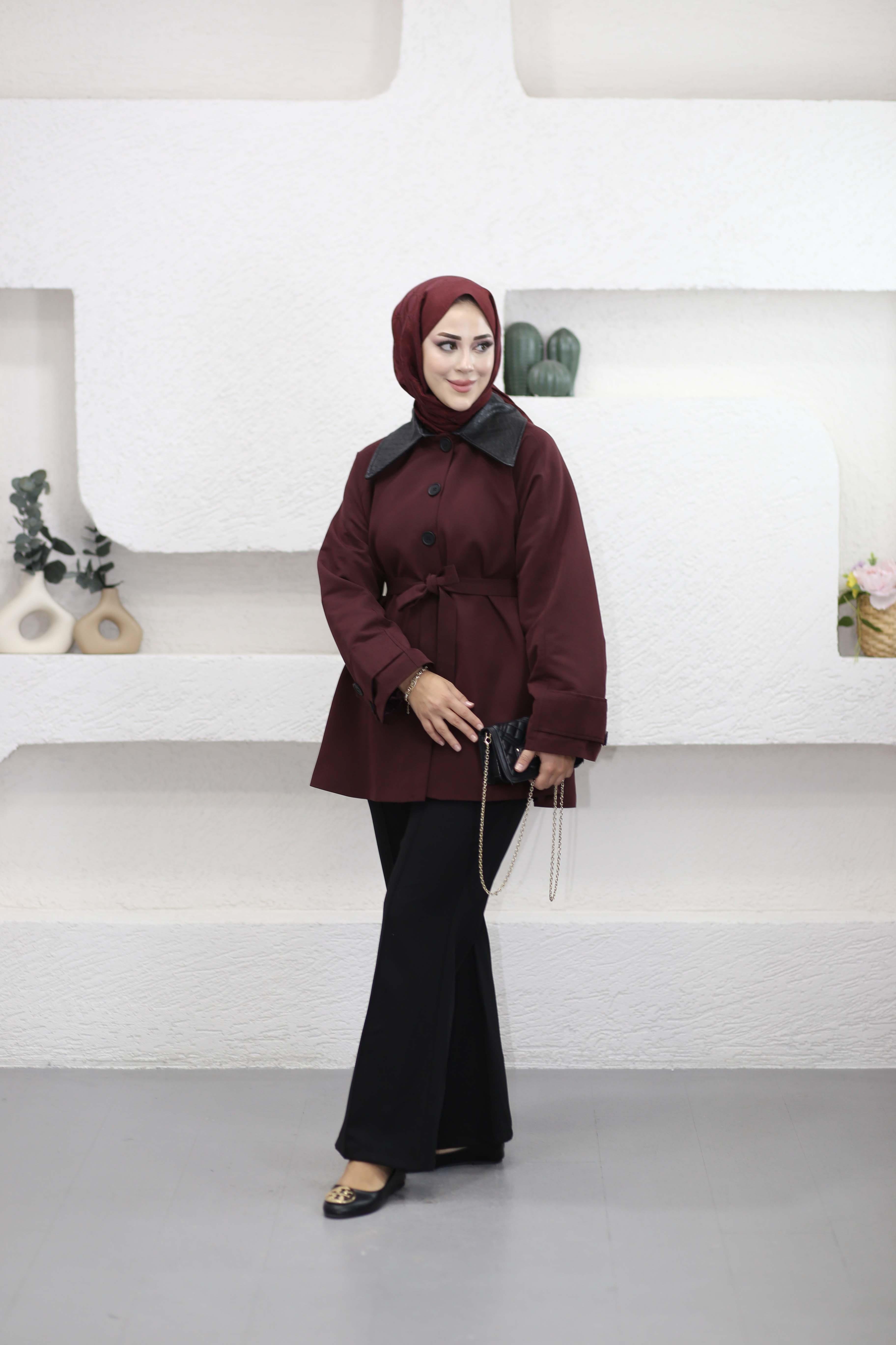 Deri Yakalı Trenç Bordo 9342