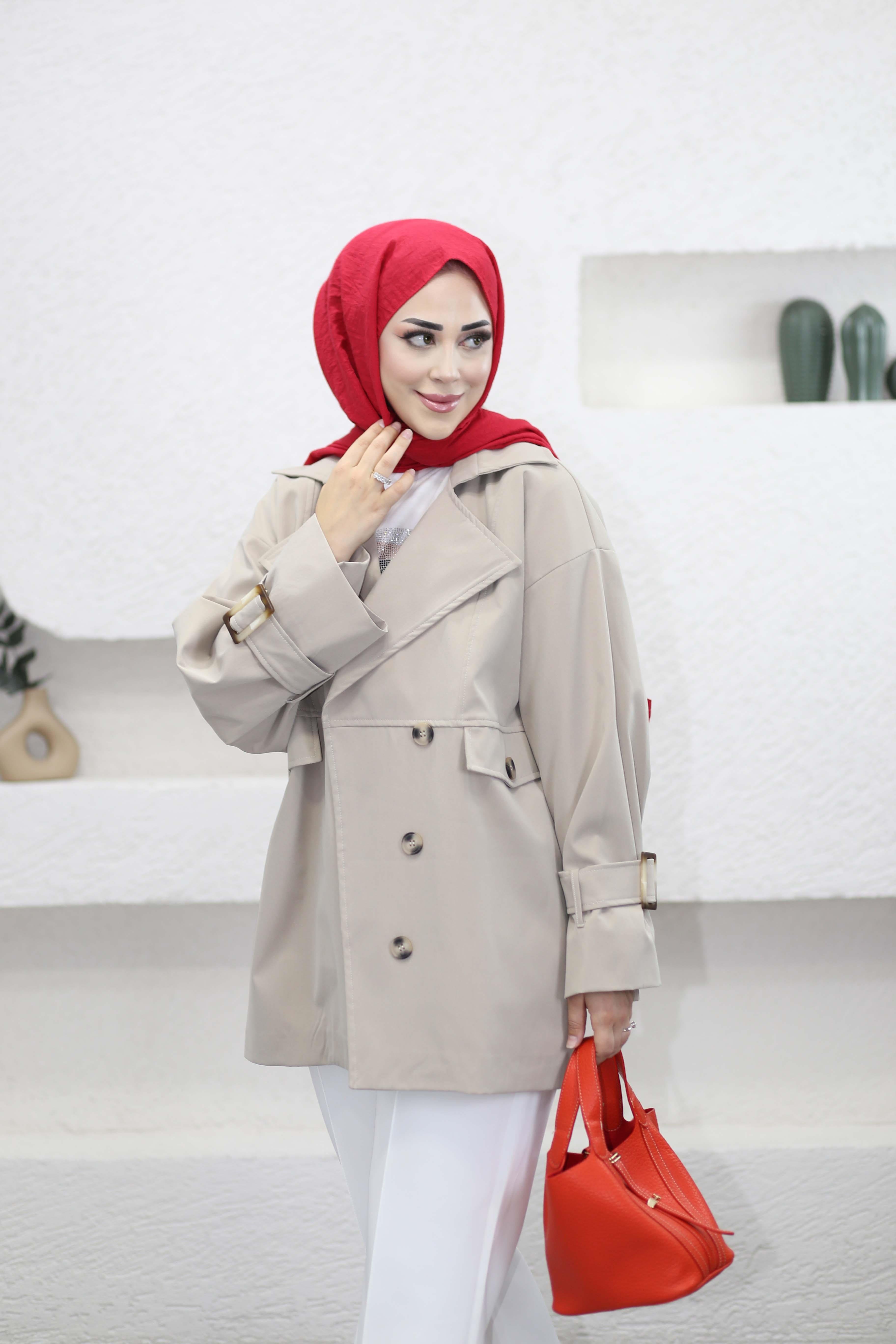 Düğmeli Oversize Trençkot Bej 2947