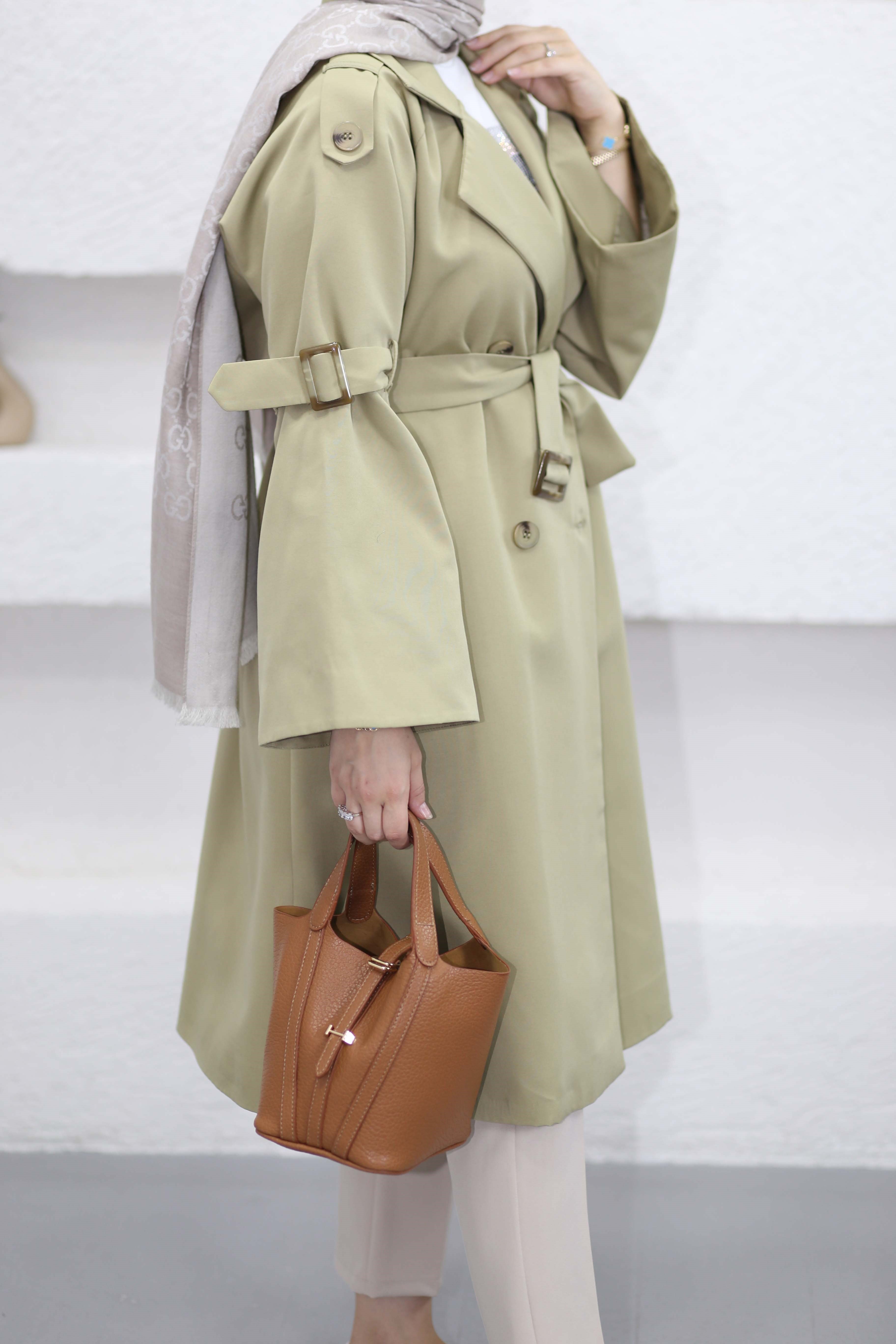 Kolu Kuşaklı Trençkot Yağ Yeşili 4088