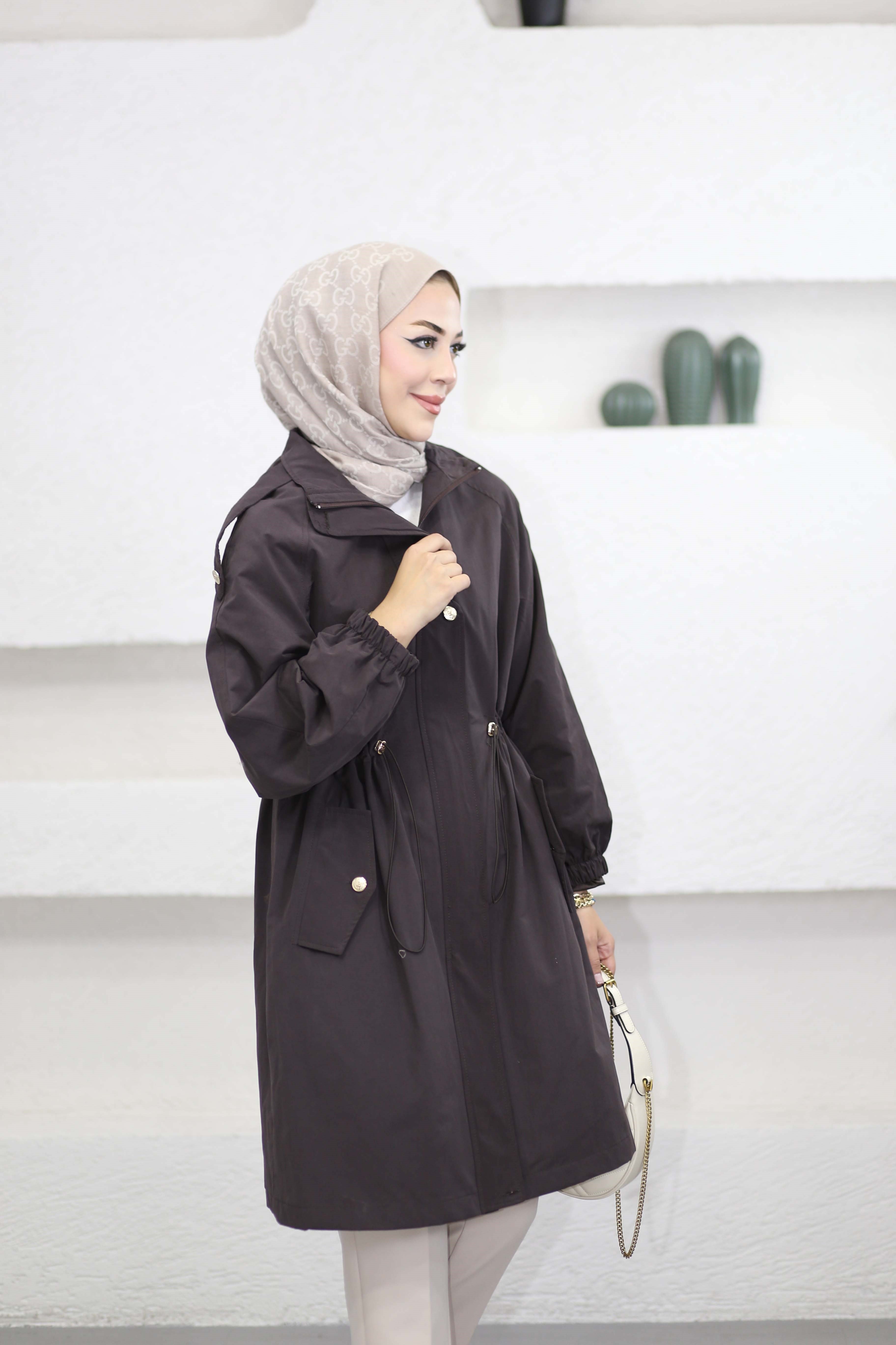 Beli Büzgülü Trençkot Kahverengi 8741