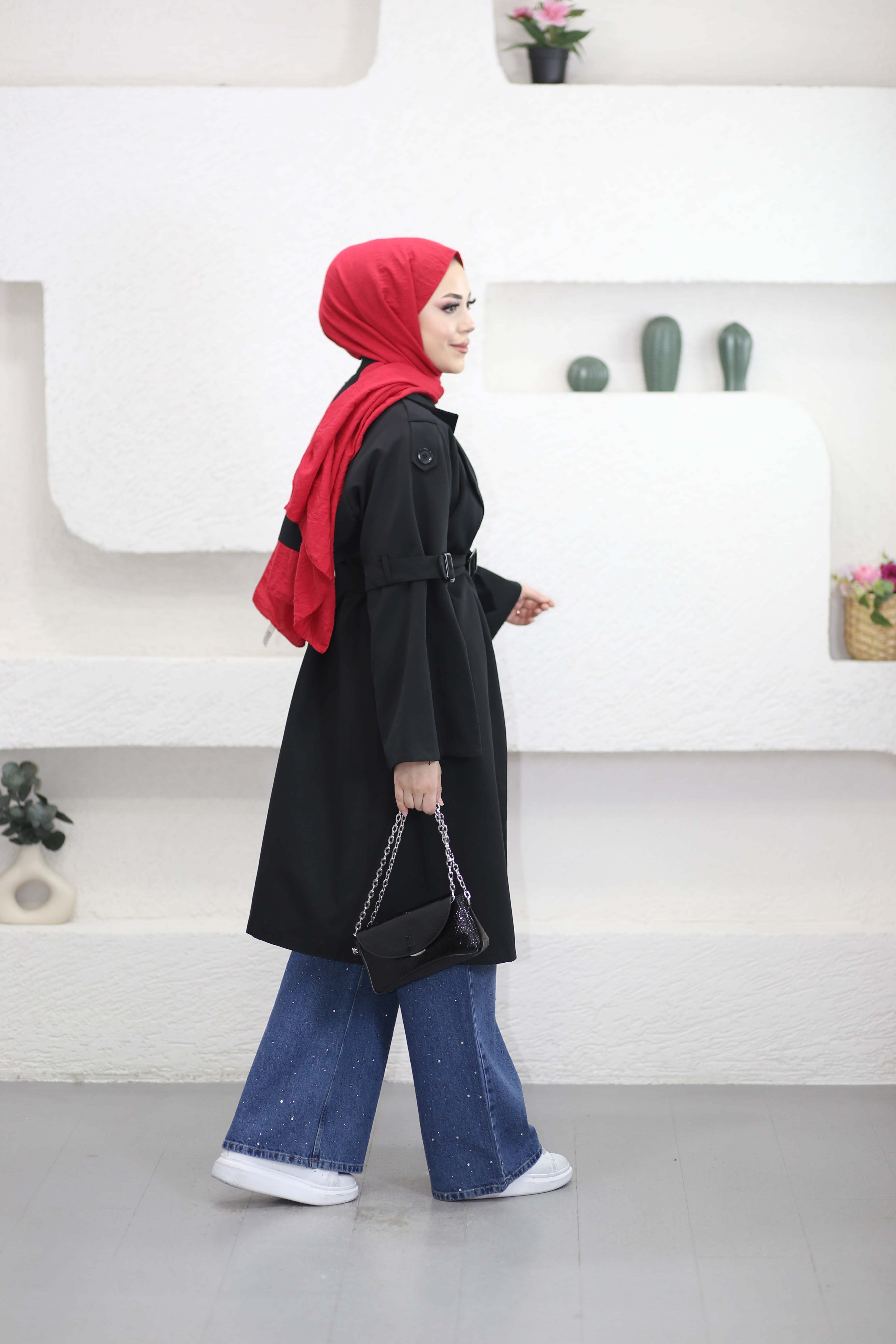 Kolu Kuşaklı Trençkot Siyah 4088