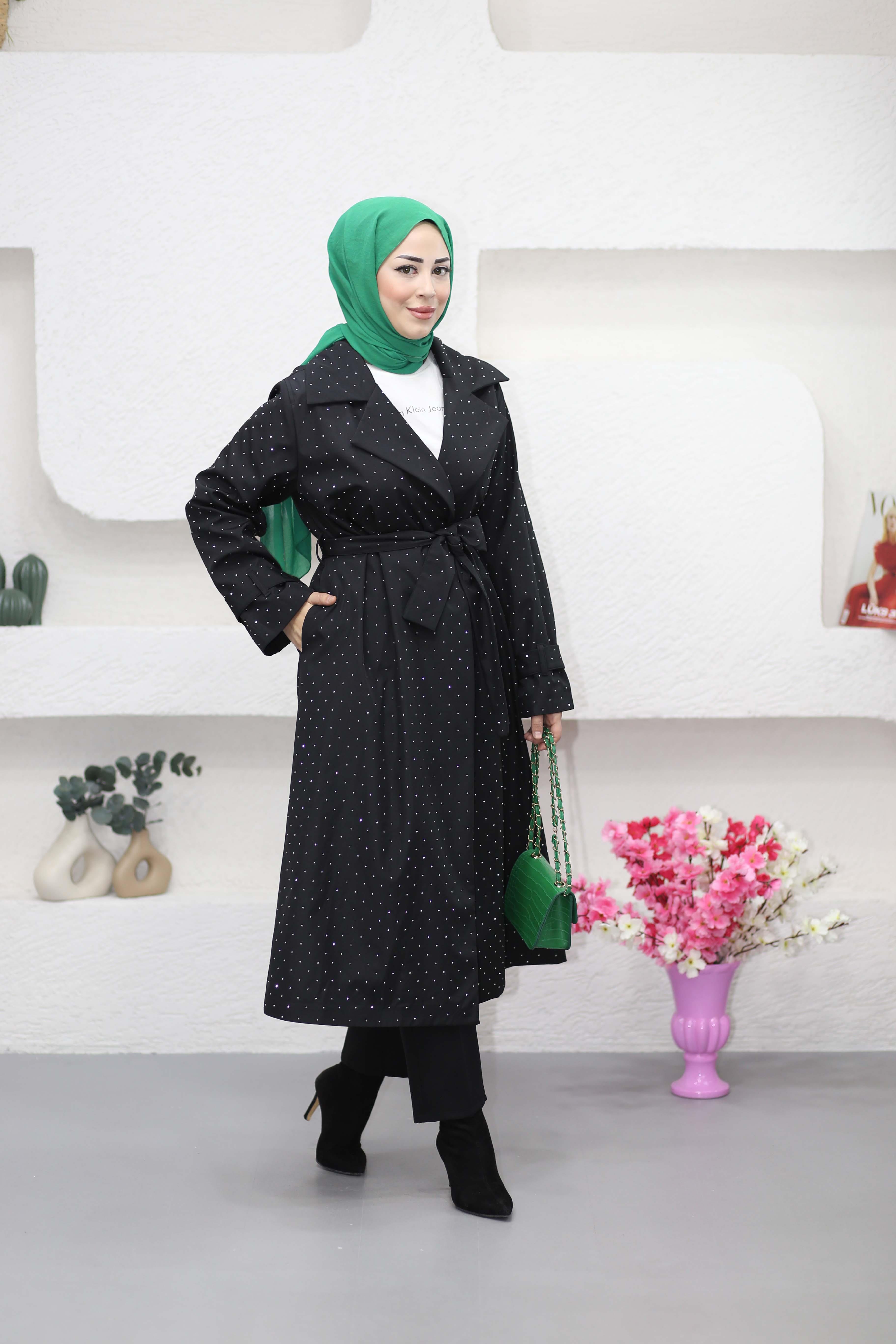 Taşlı Uzun Trençkot Siyah 2690