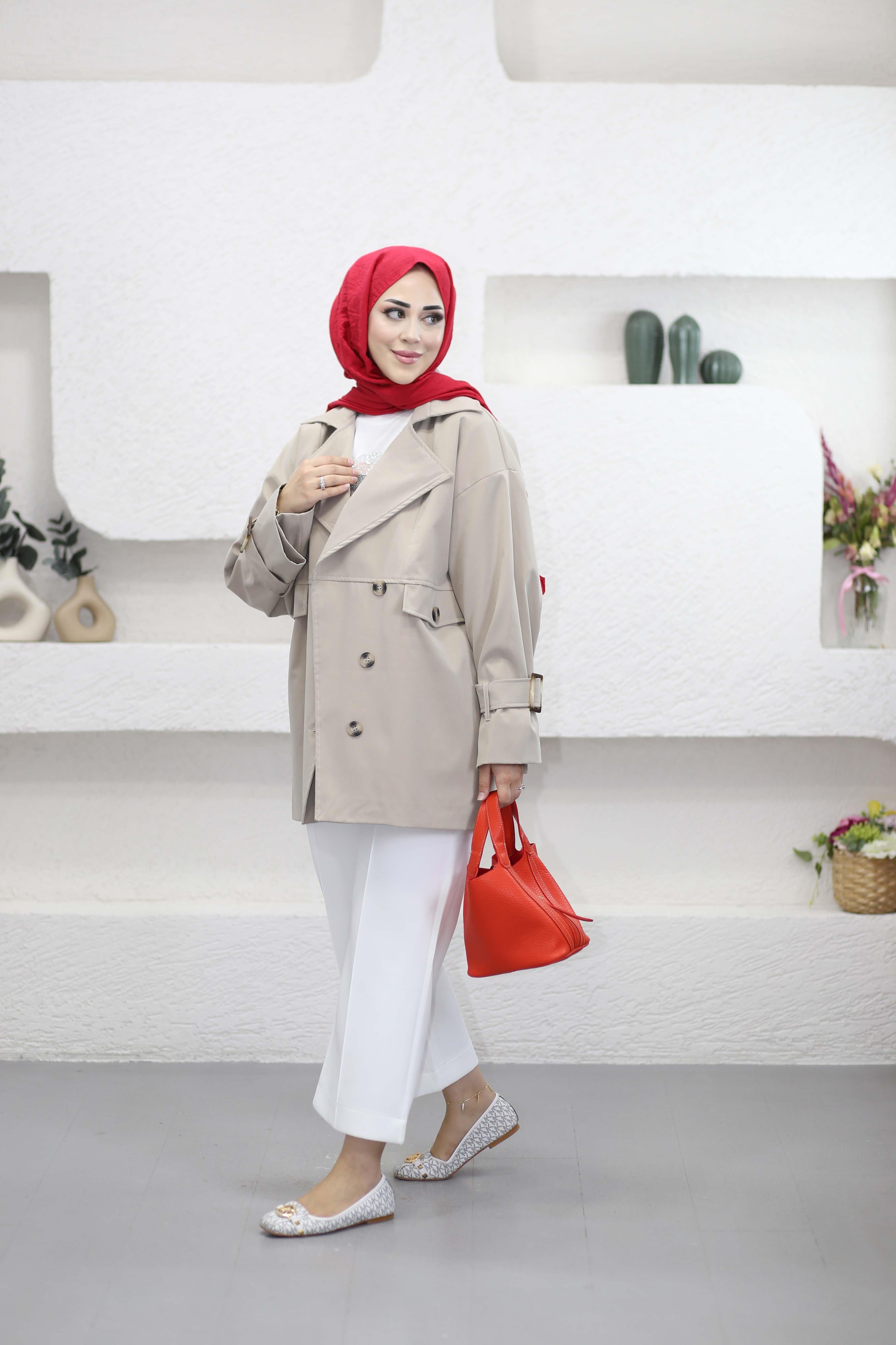 Düğmeli Oversize Trençkot Bej 2947