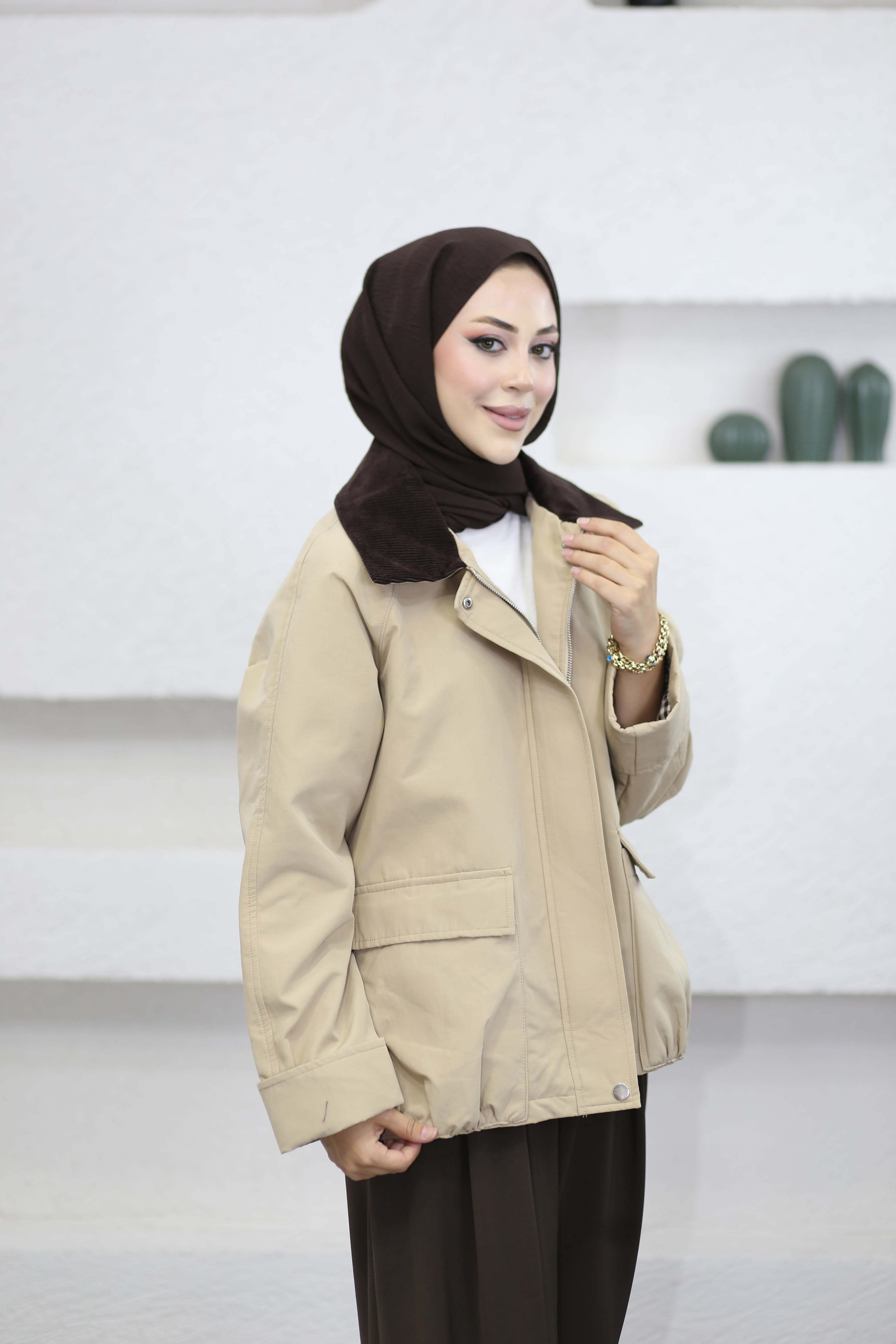 Fitilli Kadife Yaka Trençkot Camel 5768