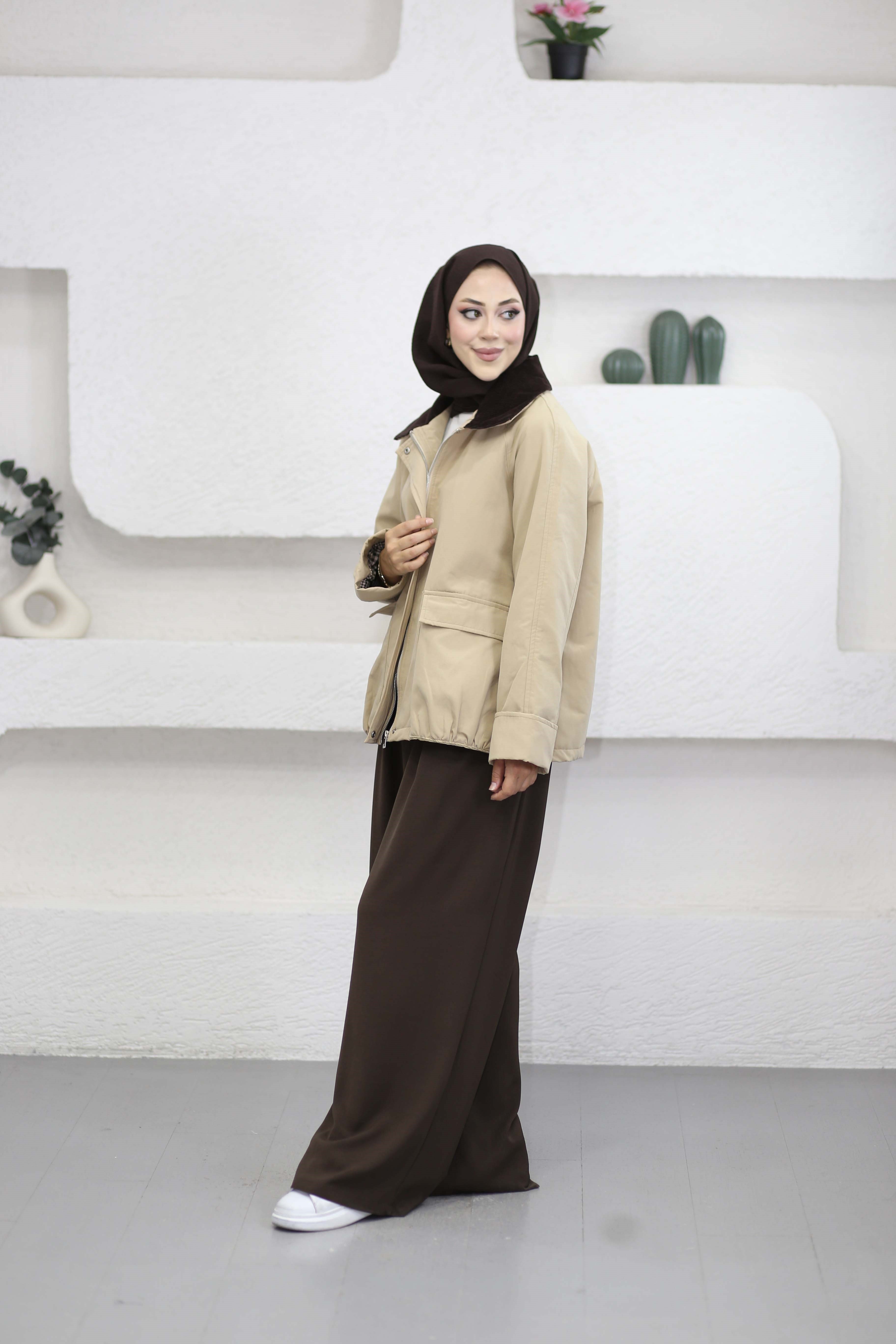 Fitilli Kadife Yaka Trençkot Camel 5768