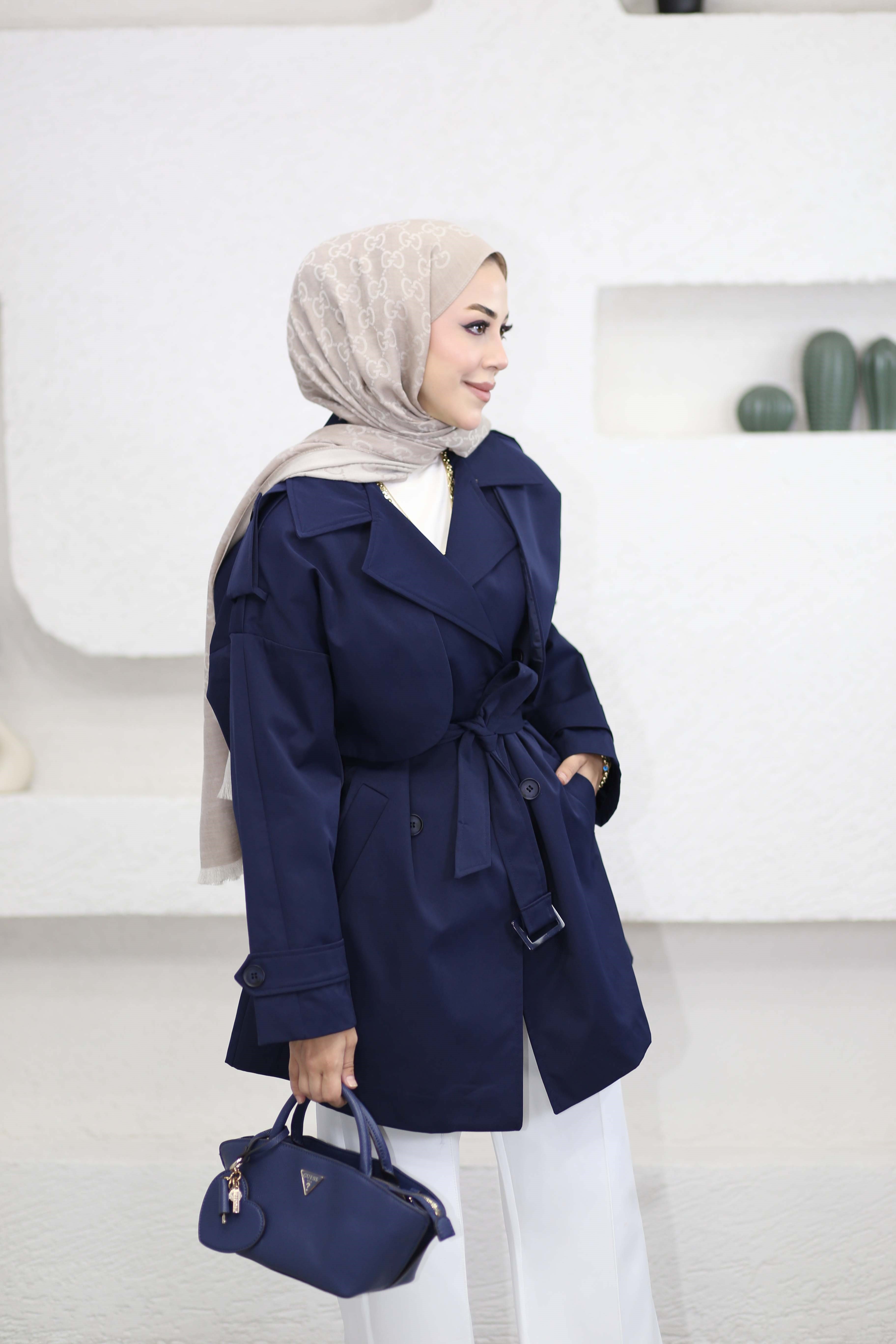 Kuşaklı Kısa Trençkot Lacivert 3240