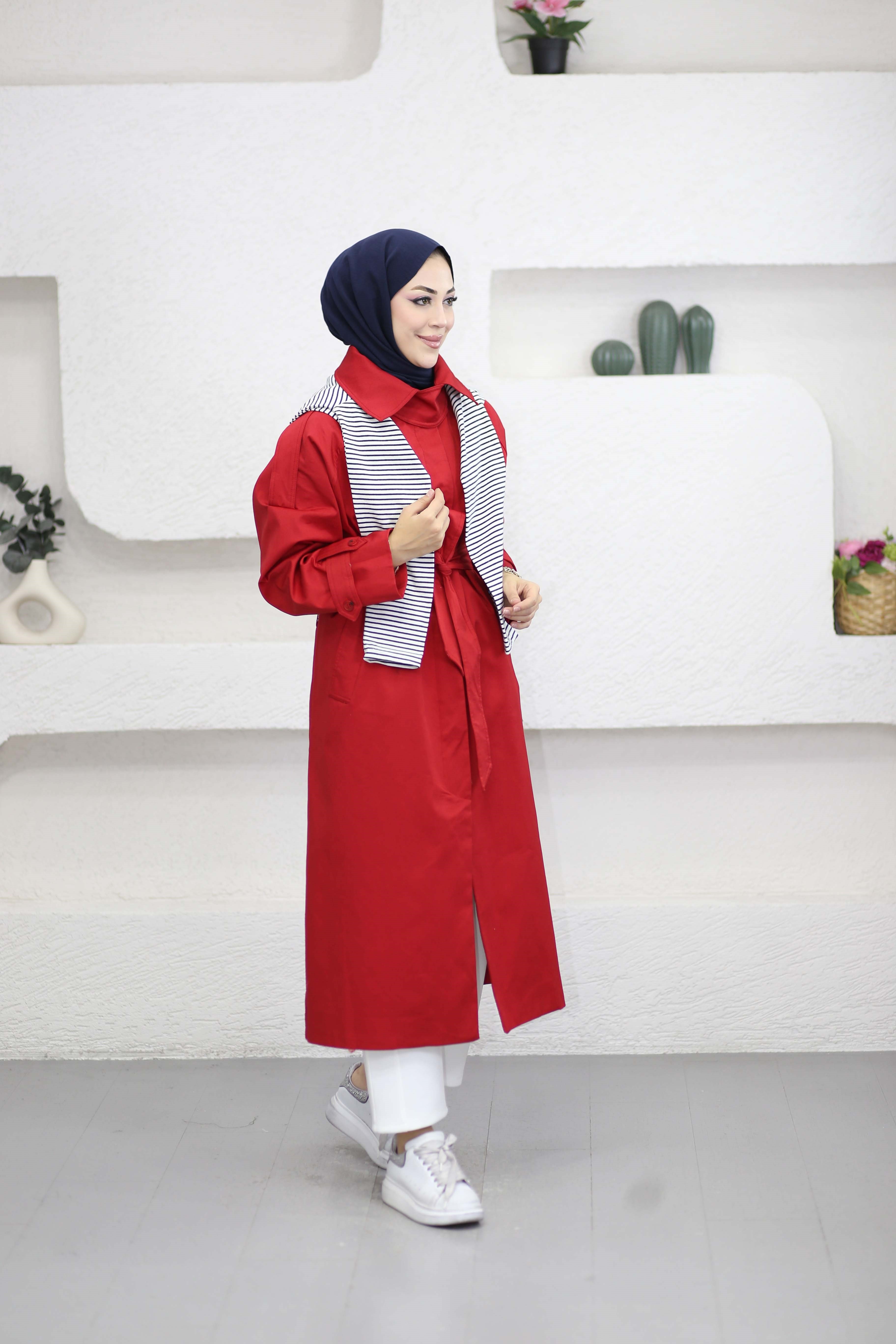 Apolet Ve Kemer Detaylı Trençkot Kırmızı 8755