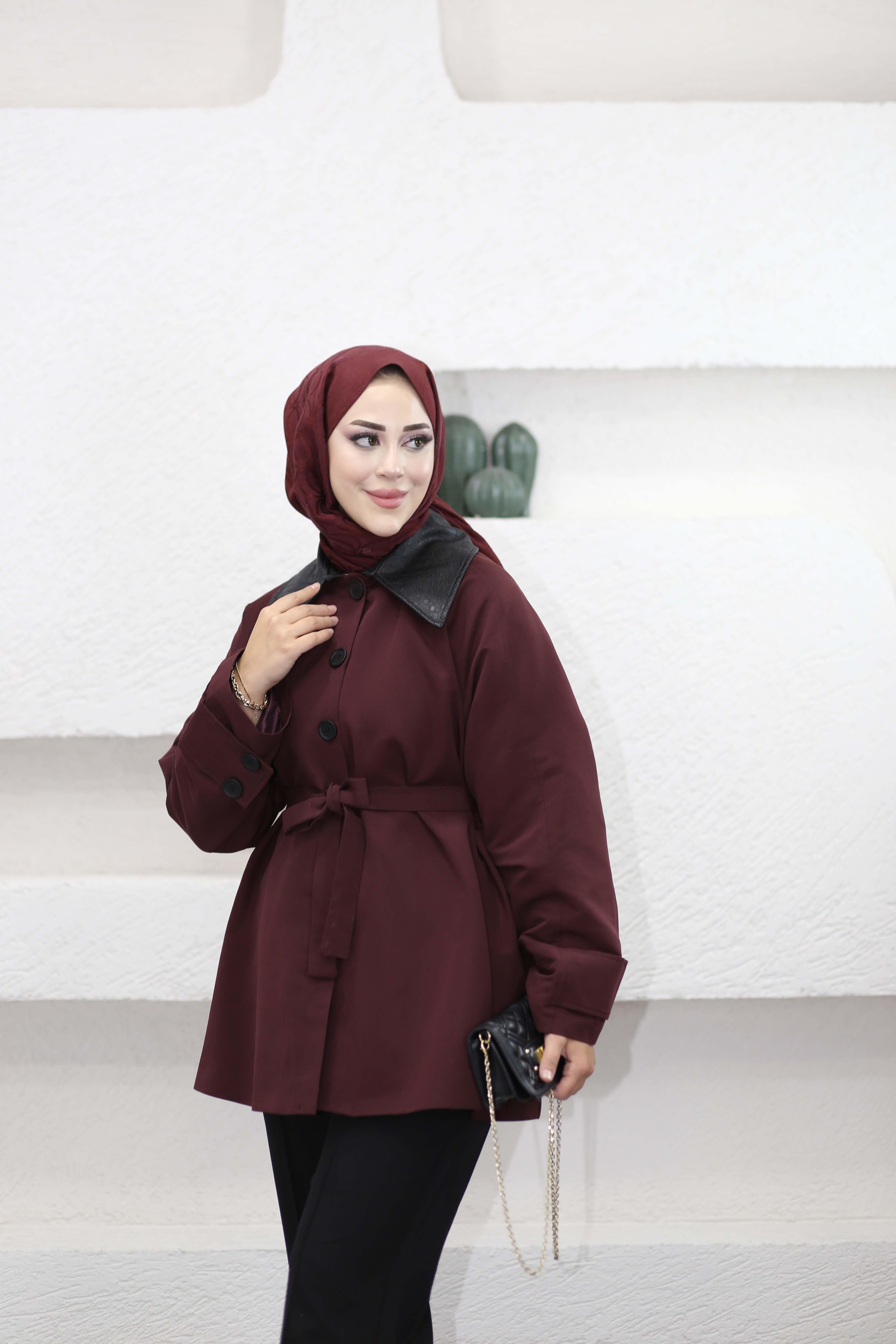 Deri Yakalı Trenç Bordo 9342